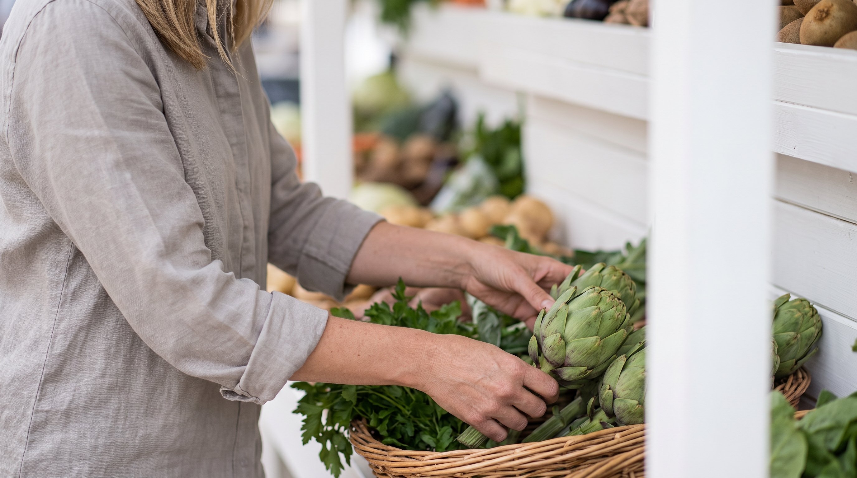 A composed woman in her 40s shopping for fresh produce at a market stall
