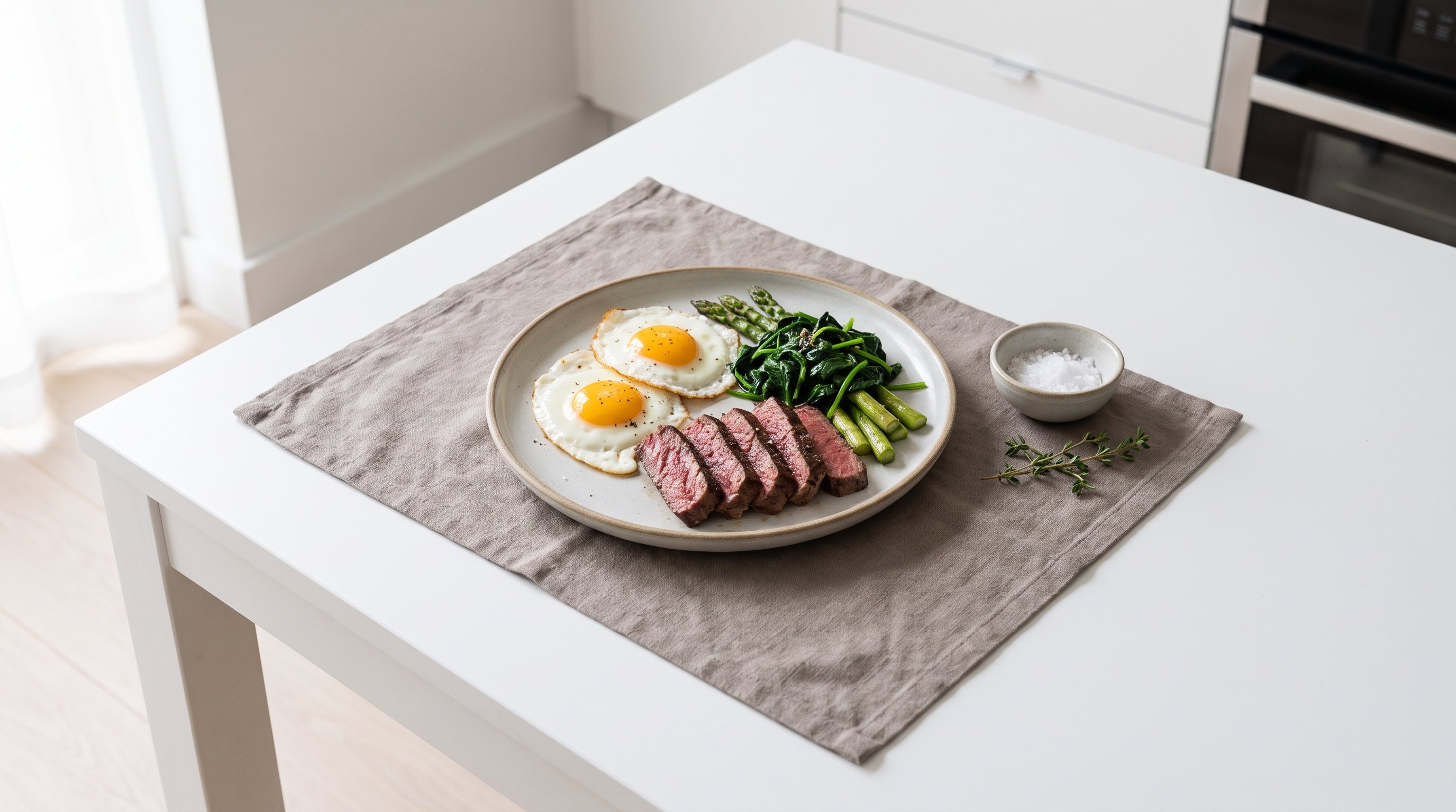 A plate of steak, eggs and greens on a calm white dining table