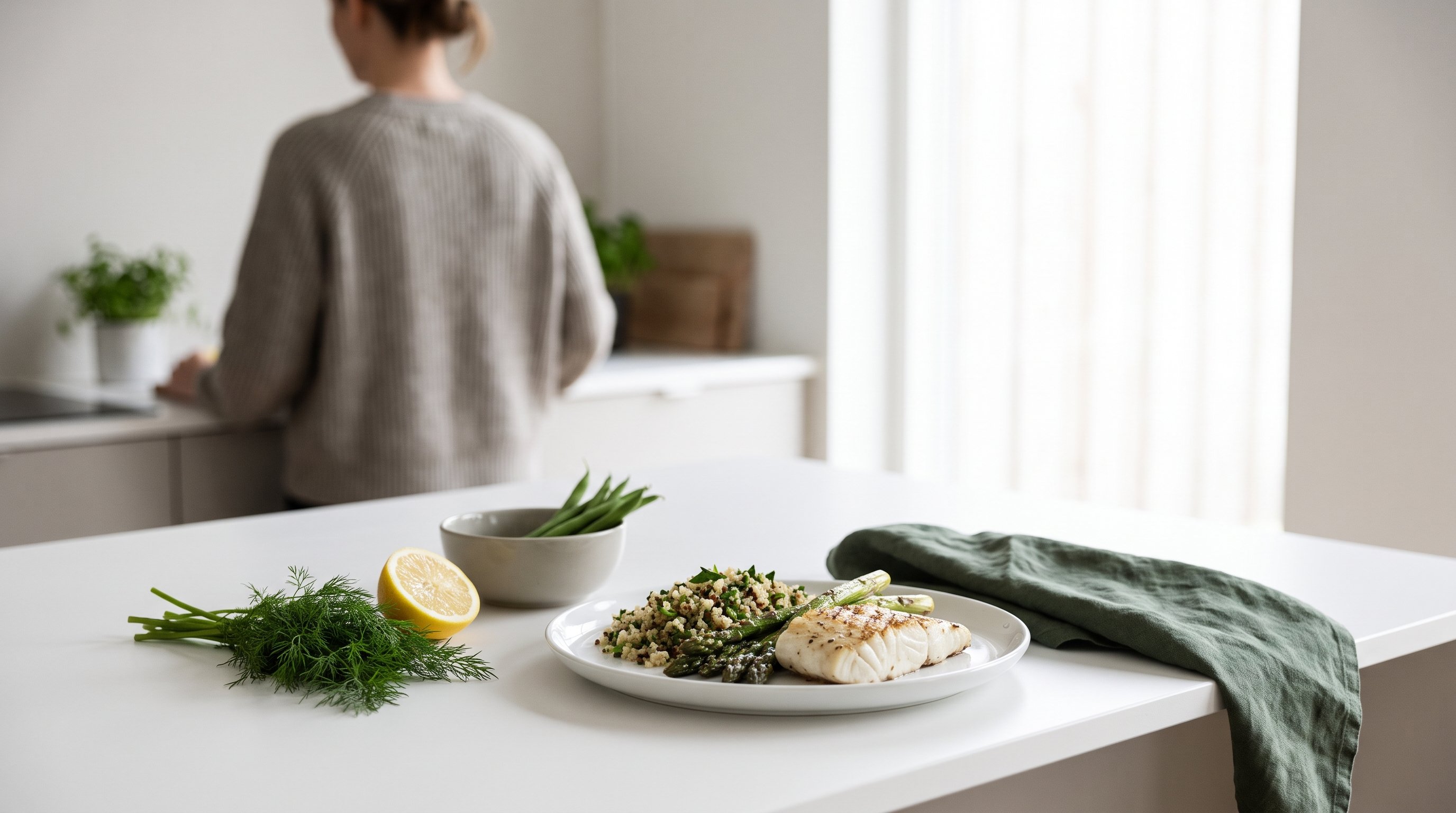 A balanced plate of fish and vegetables beside fresh ingredients on a calm white dining table