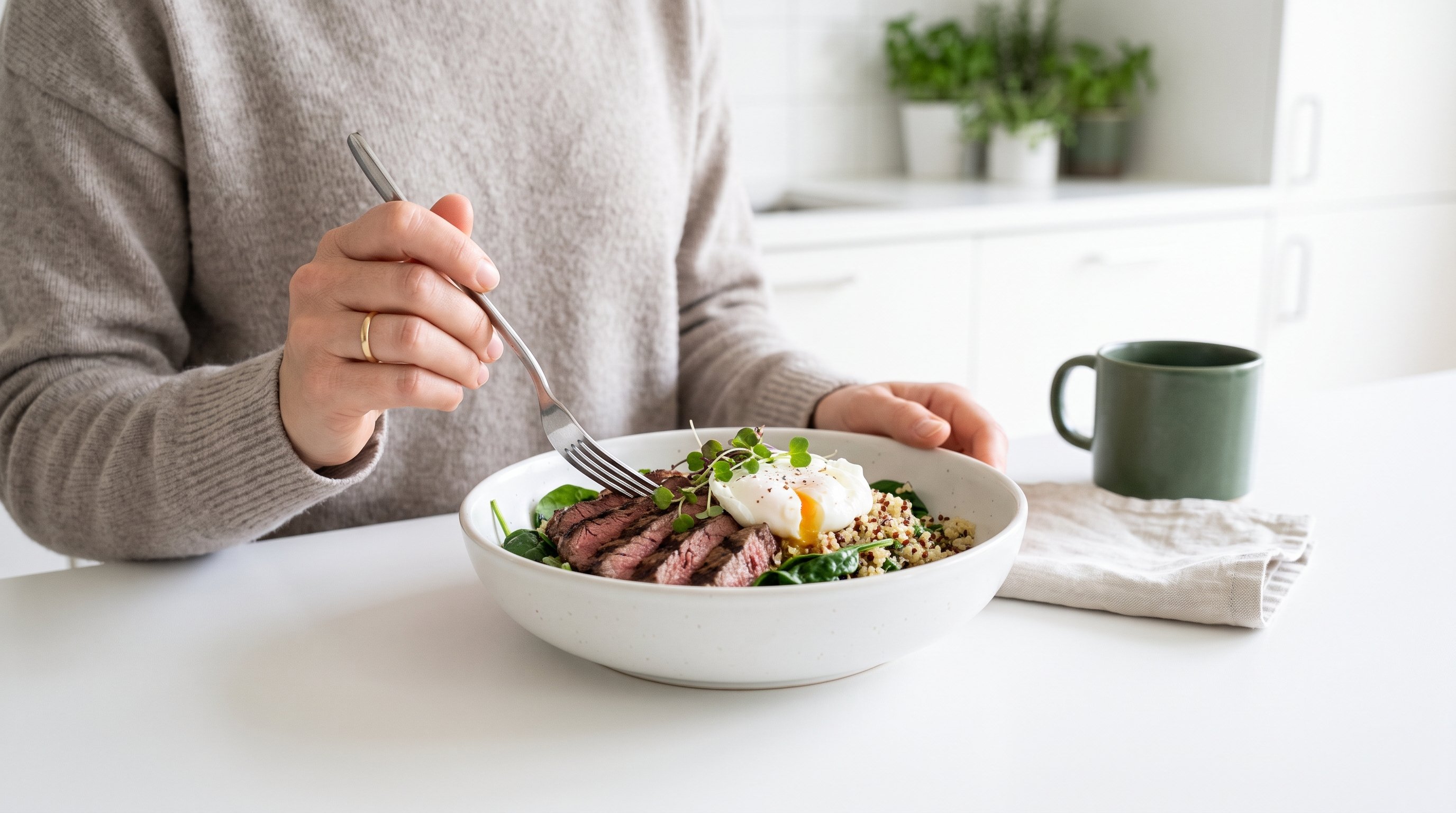 A composed woman in her 40s enjoying a lean protein bowl at a calm white dining table
