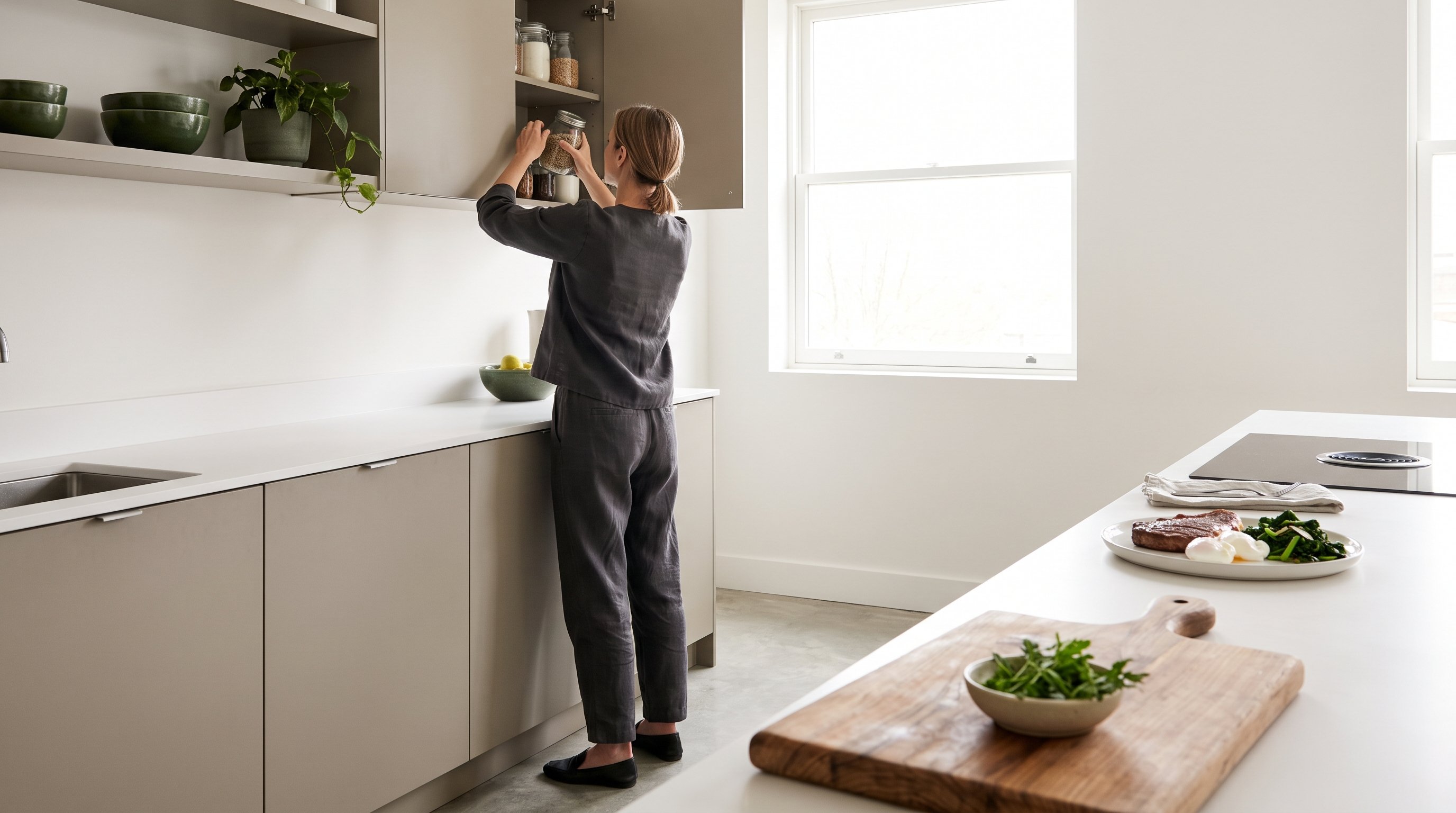 A composed woman in her 40s putting groceries away in a modern uncluttered kitchen