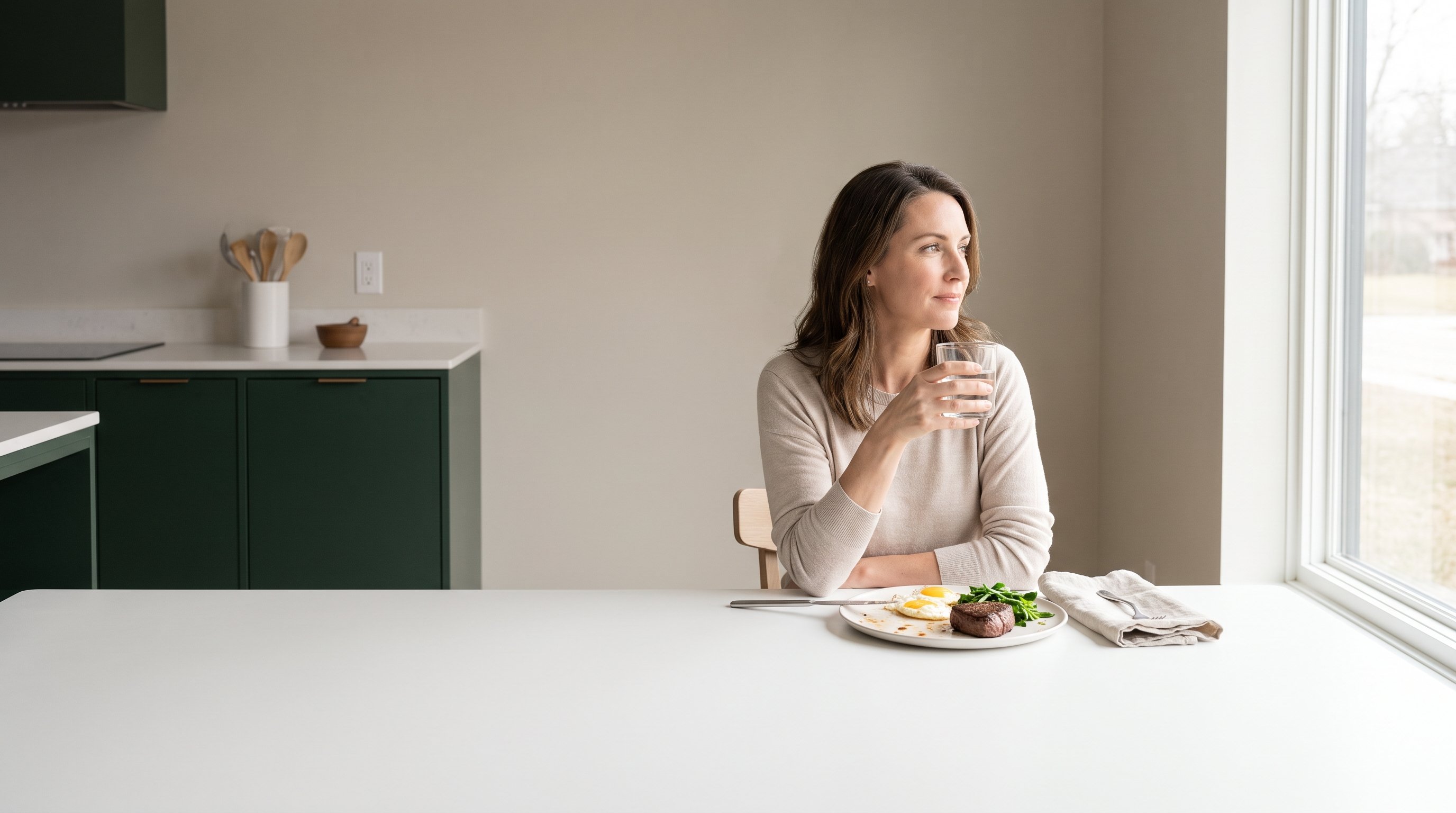 A composed woman in her 40s relaxing with a glass of water after a meal at a calm white dining table