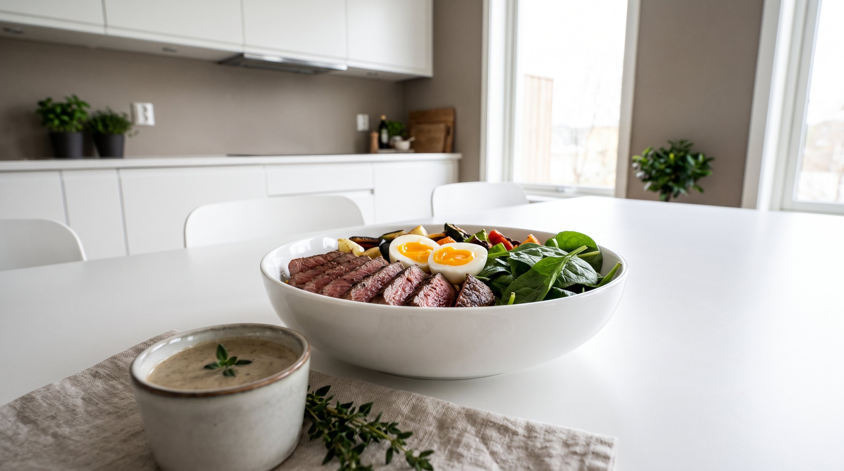 A lean protein bowl served on a calm white dining table
