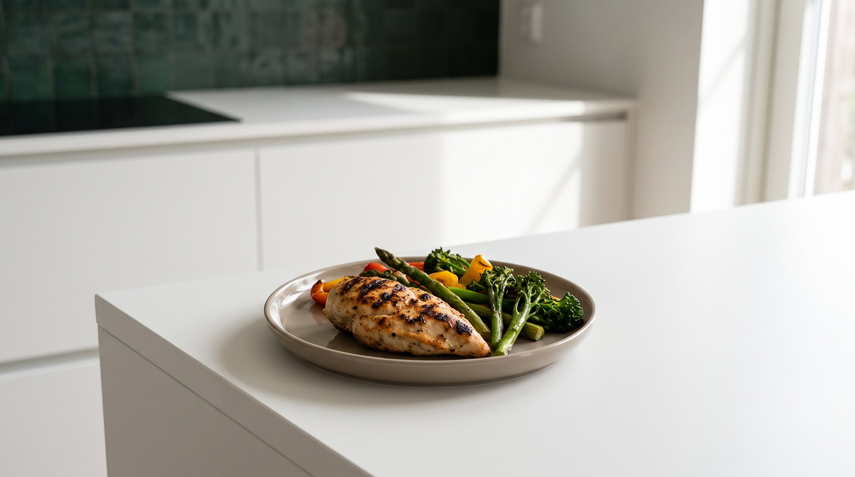 grilled chicken and vegetables plated on a kitchen counter
