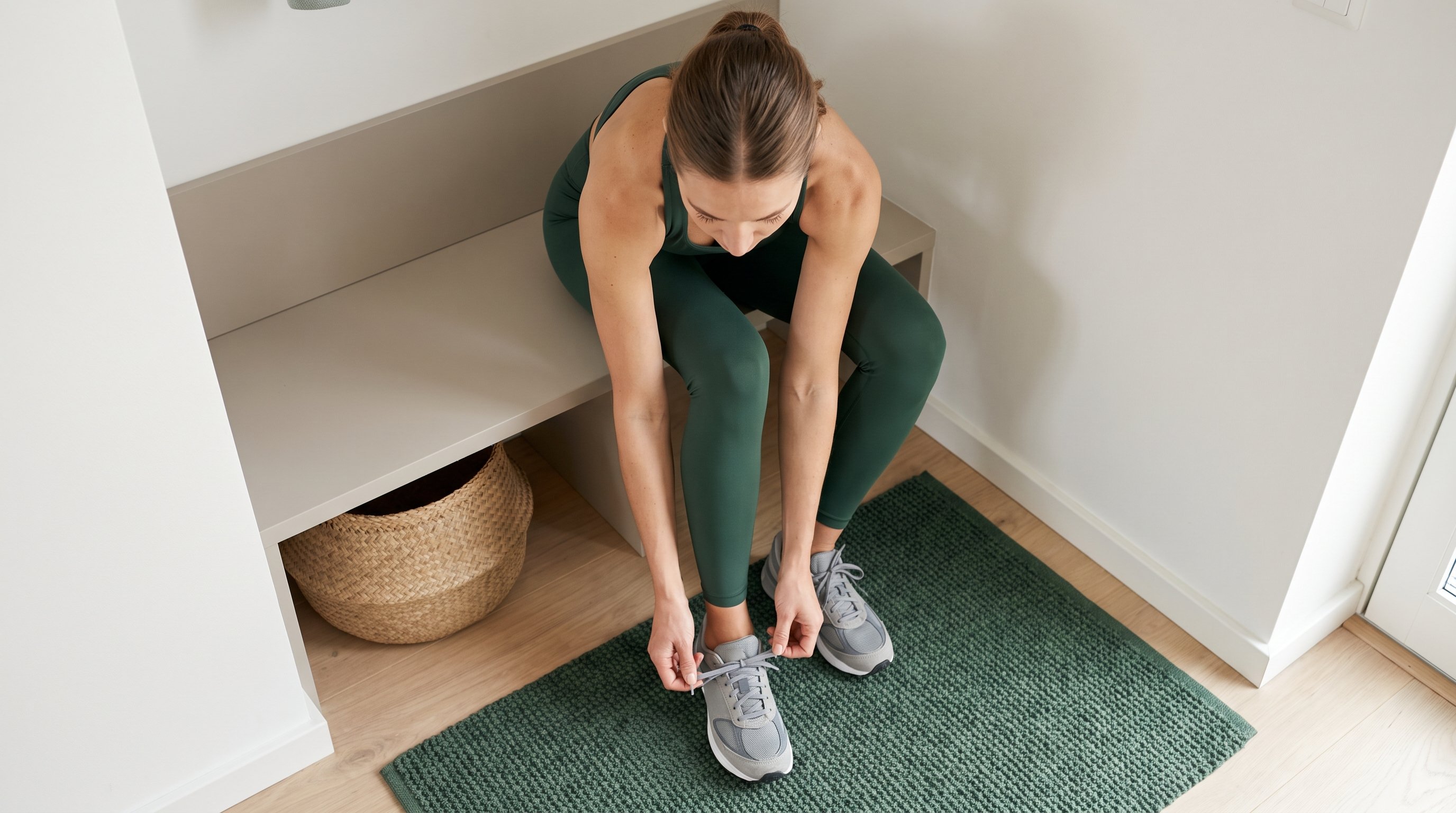 person tying running shoes on a doorstep before a walk