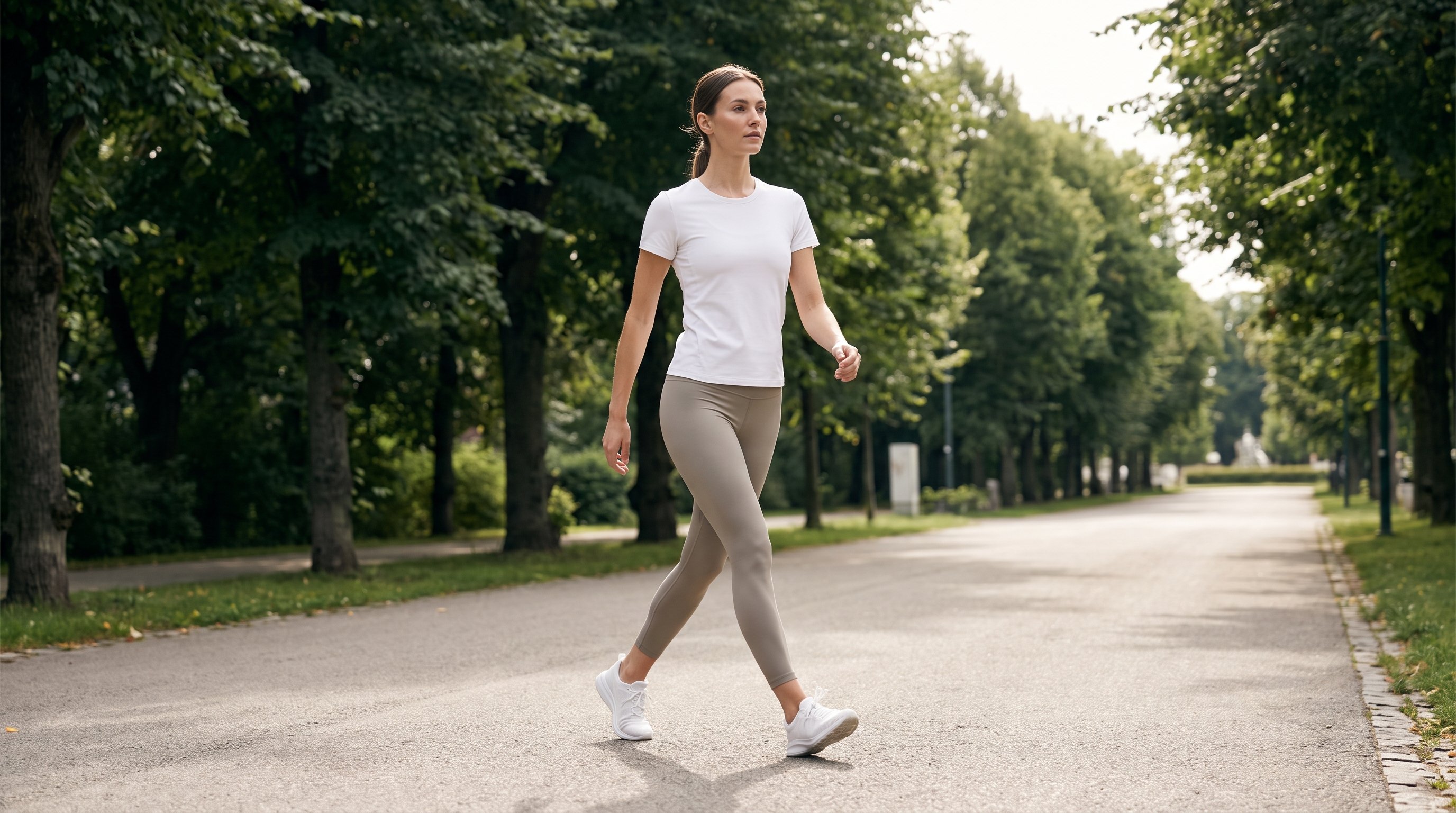 person walking briskly along a tree-lined path