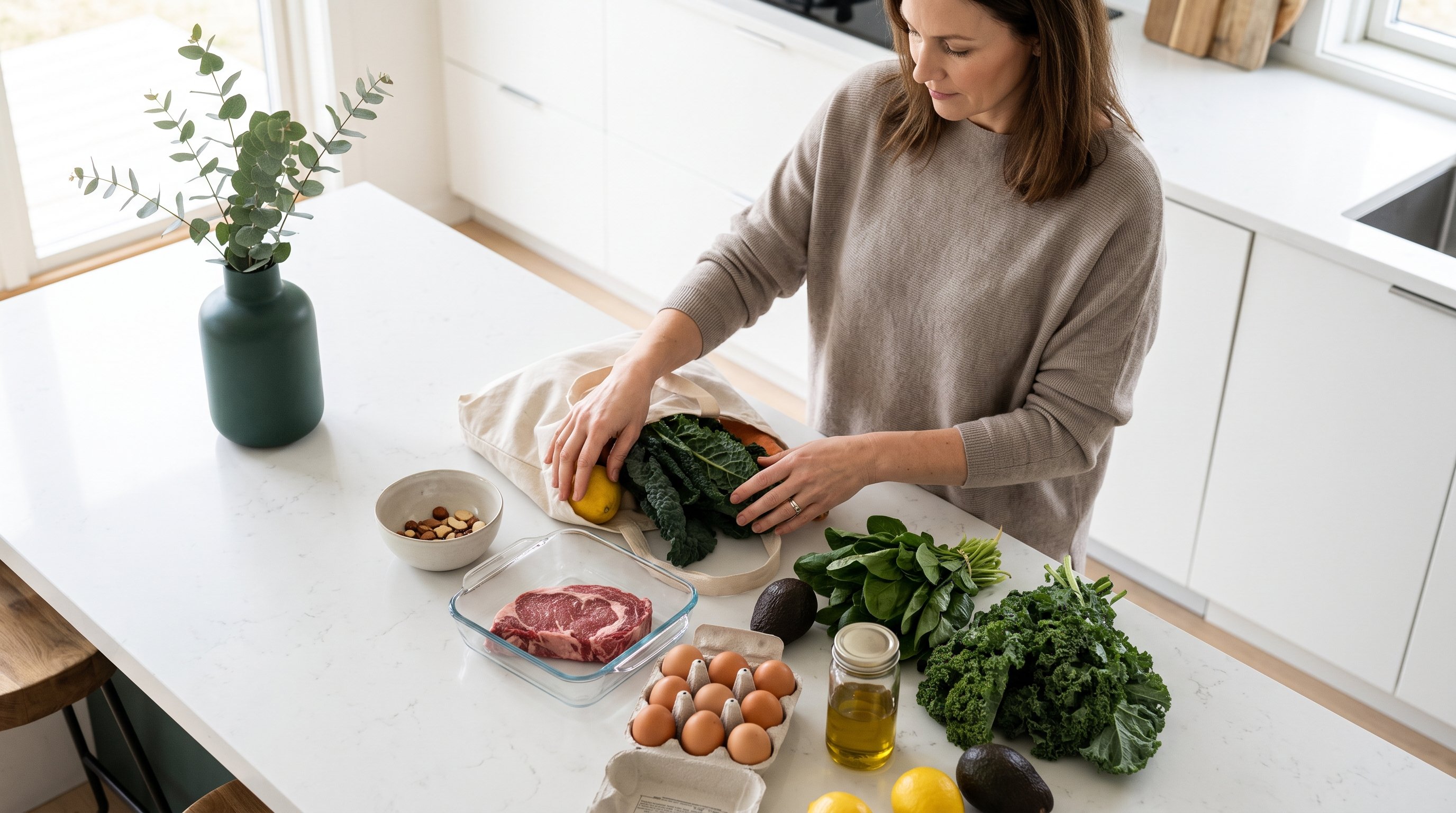 A composed woman in her 40s unpacking fresh groceries in a modern uncluttered kitchen