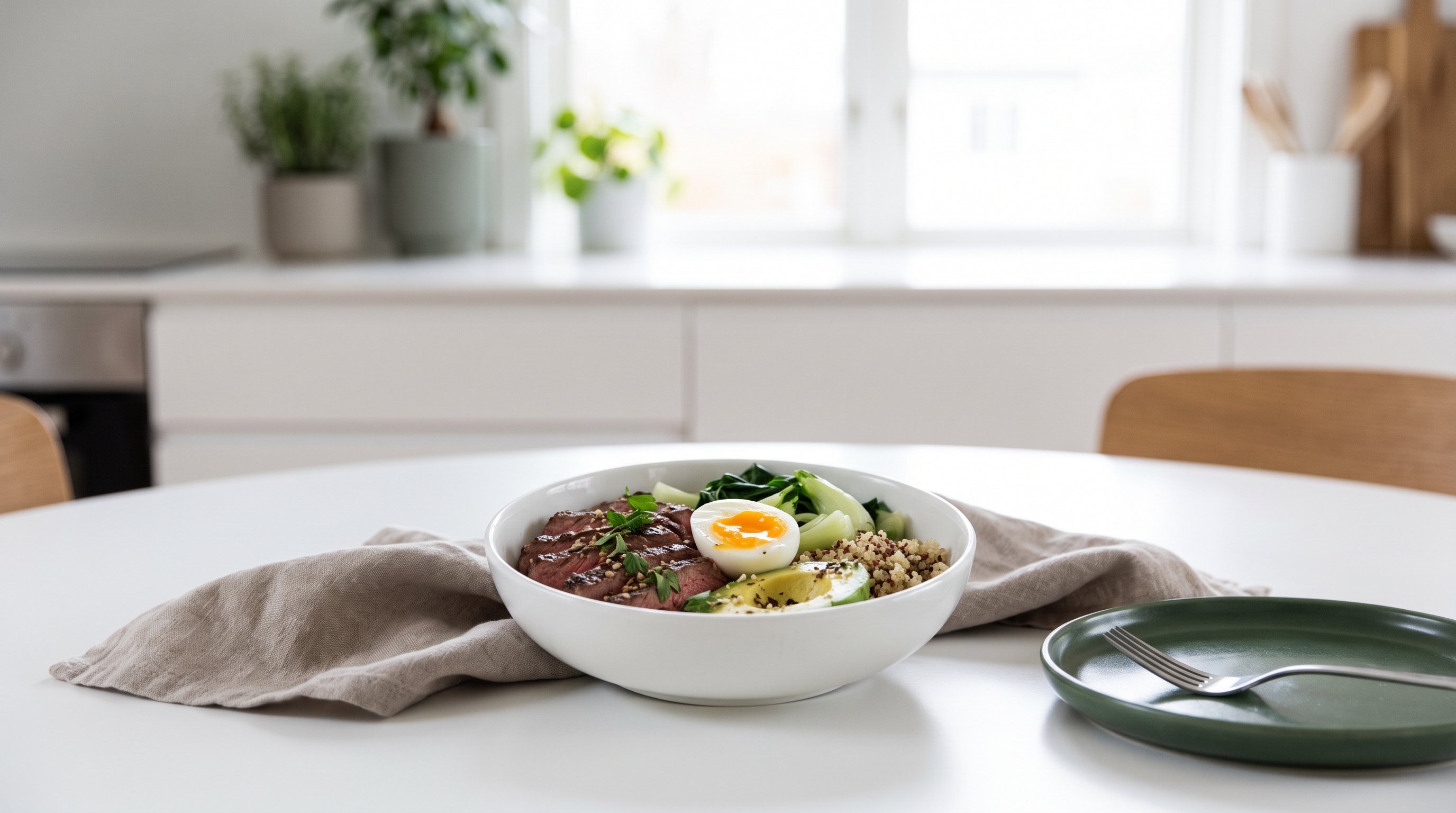 A lean protein bowl on a calm white dining table