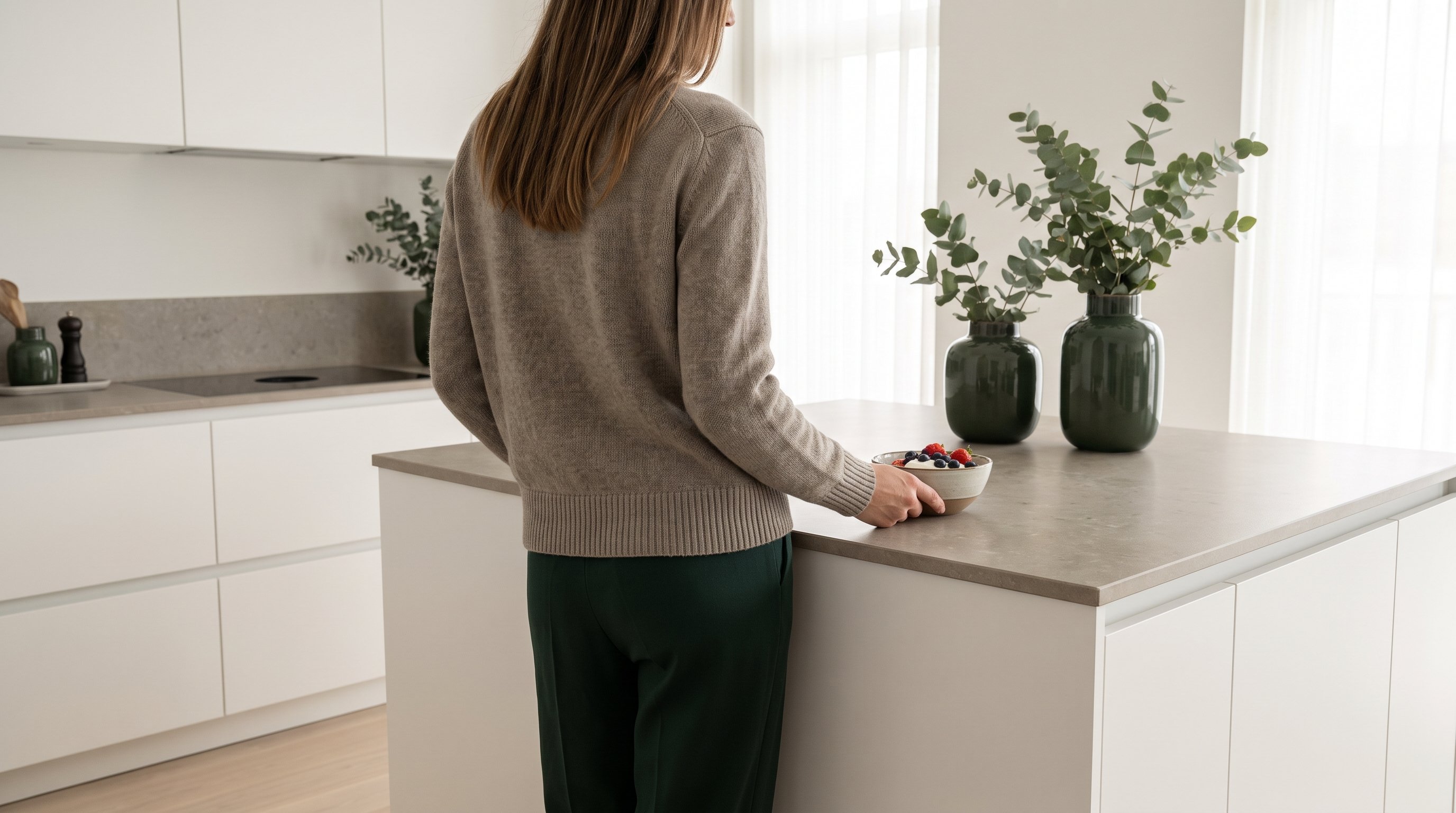 person eating a small bowl of yoghurt and berries at a kitchen counter