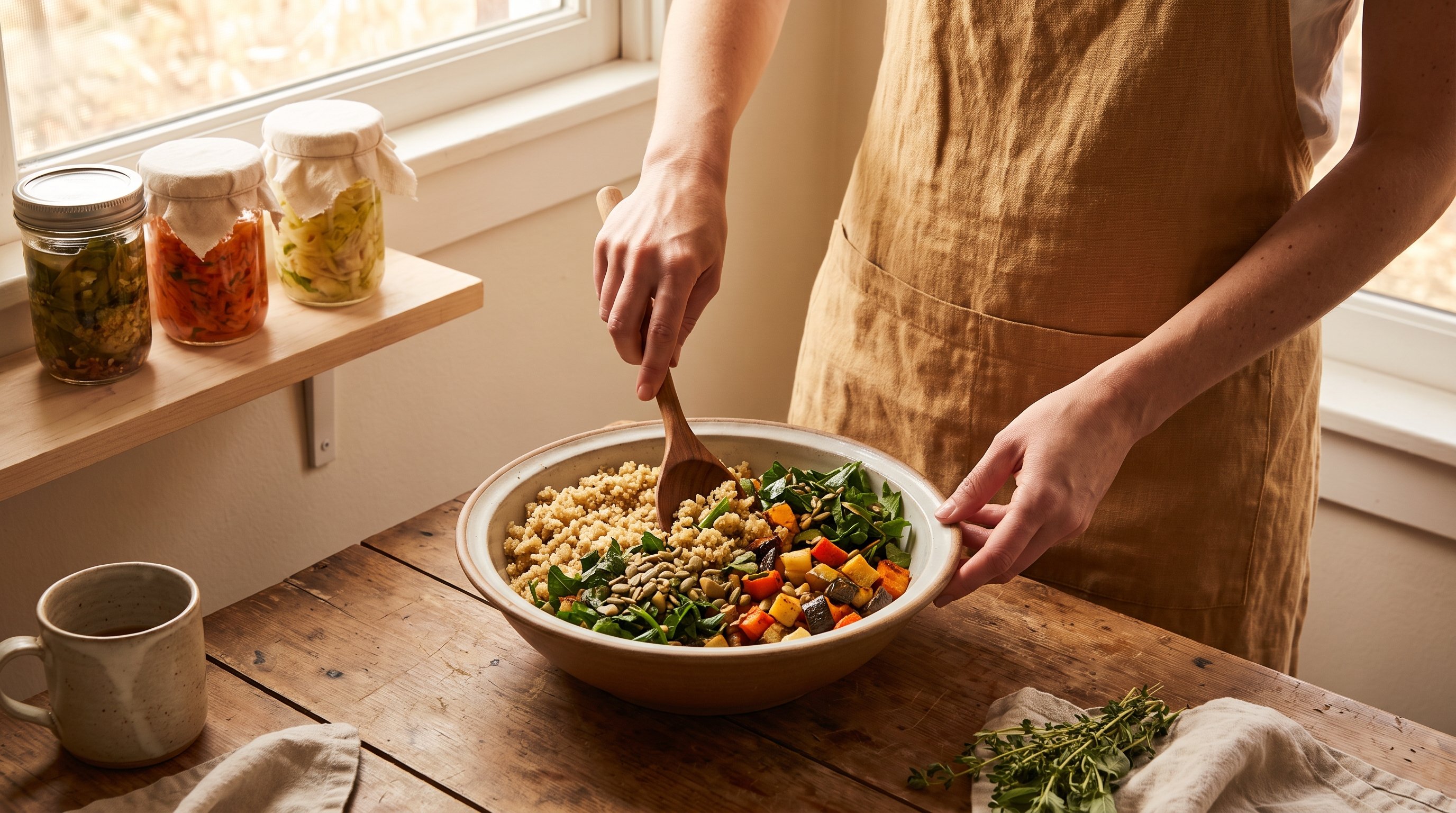 woman cooking a quick gut-friendly bowl on a weeknight