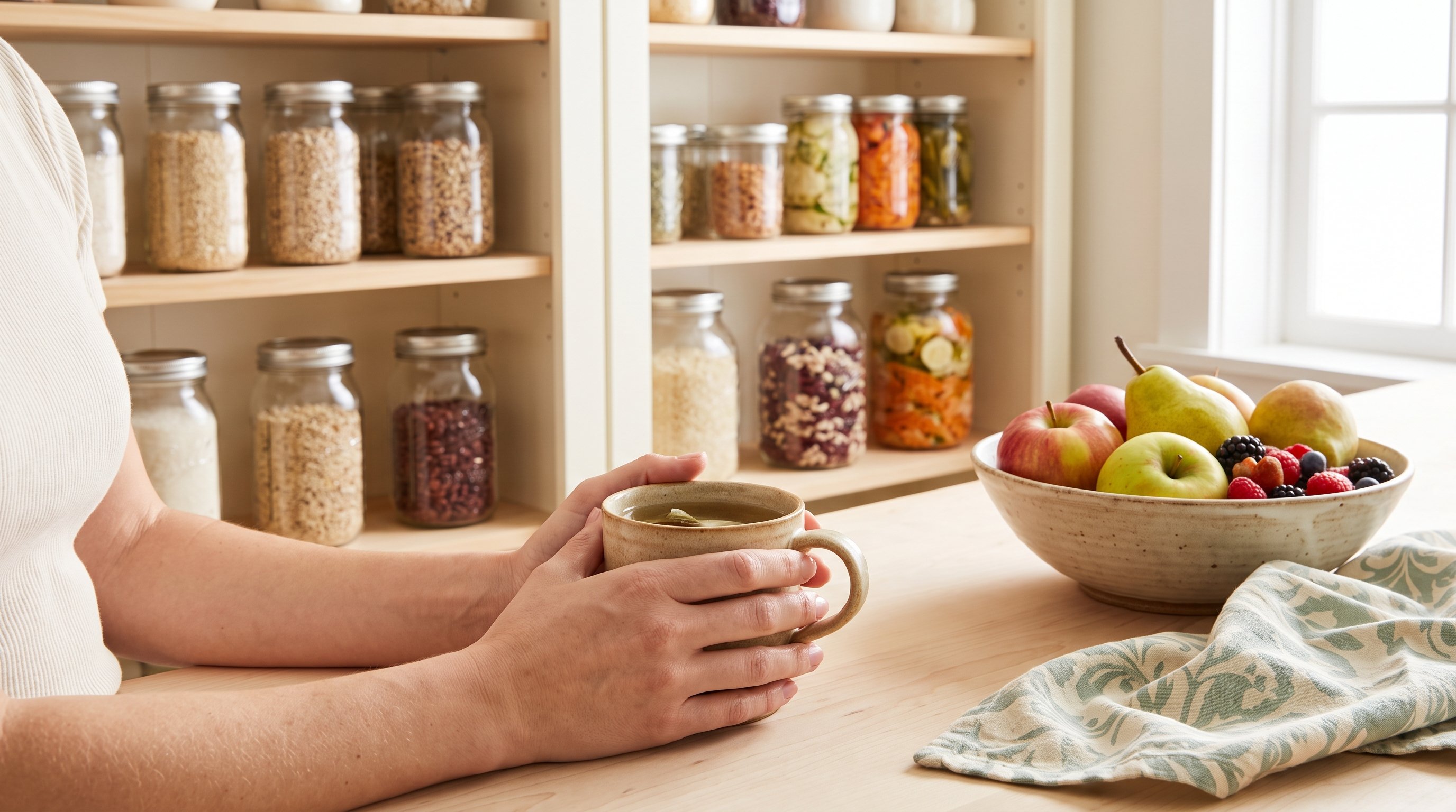 woman checking her subscription settings on a phone at the kitchen table