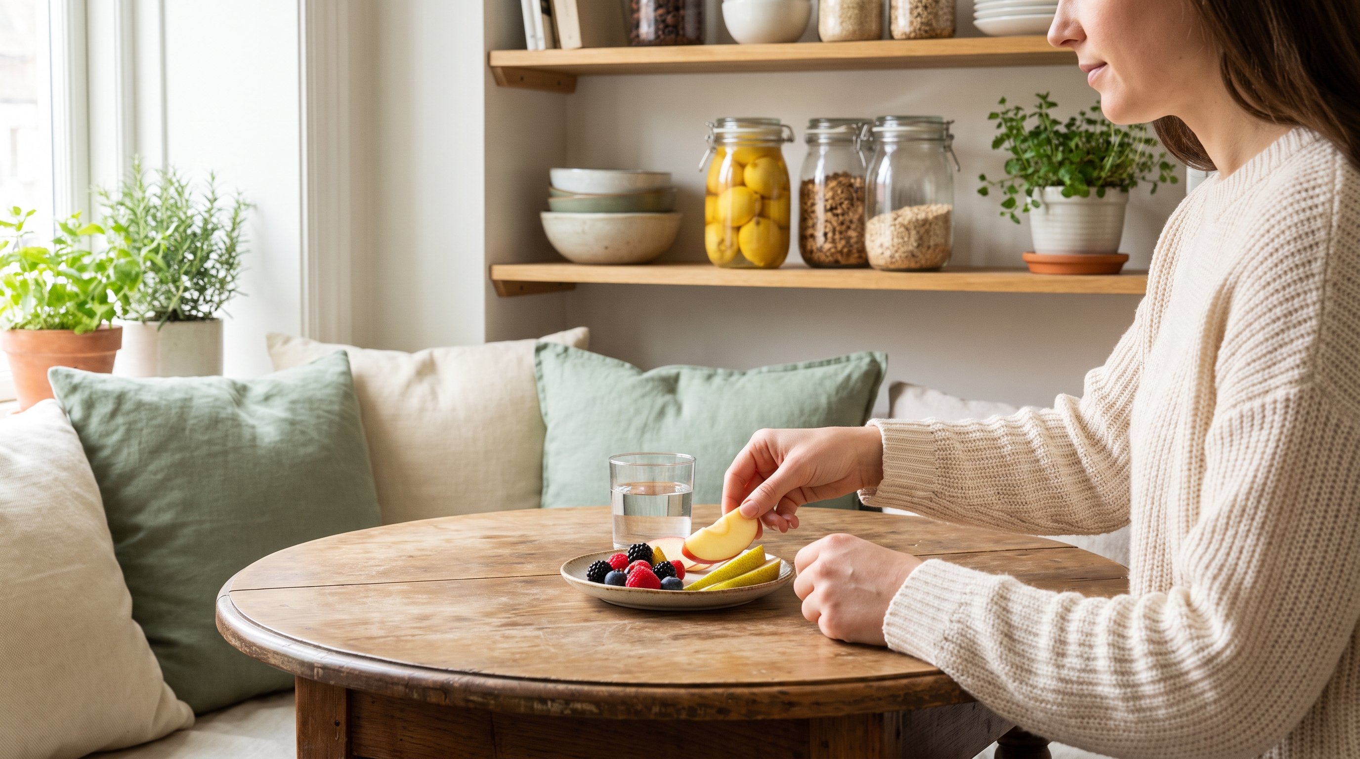 woman writing an email on a laptop in a calm dining nook