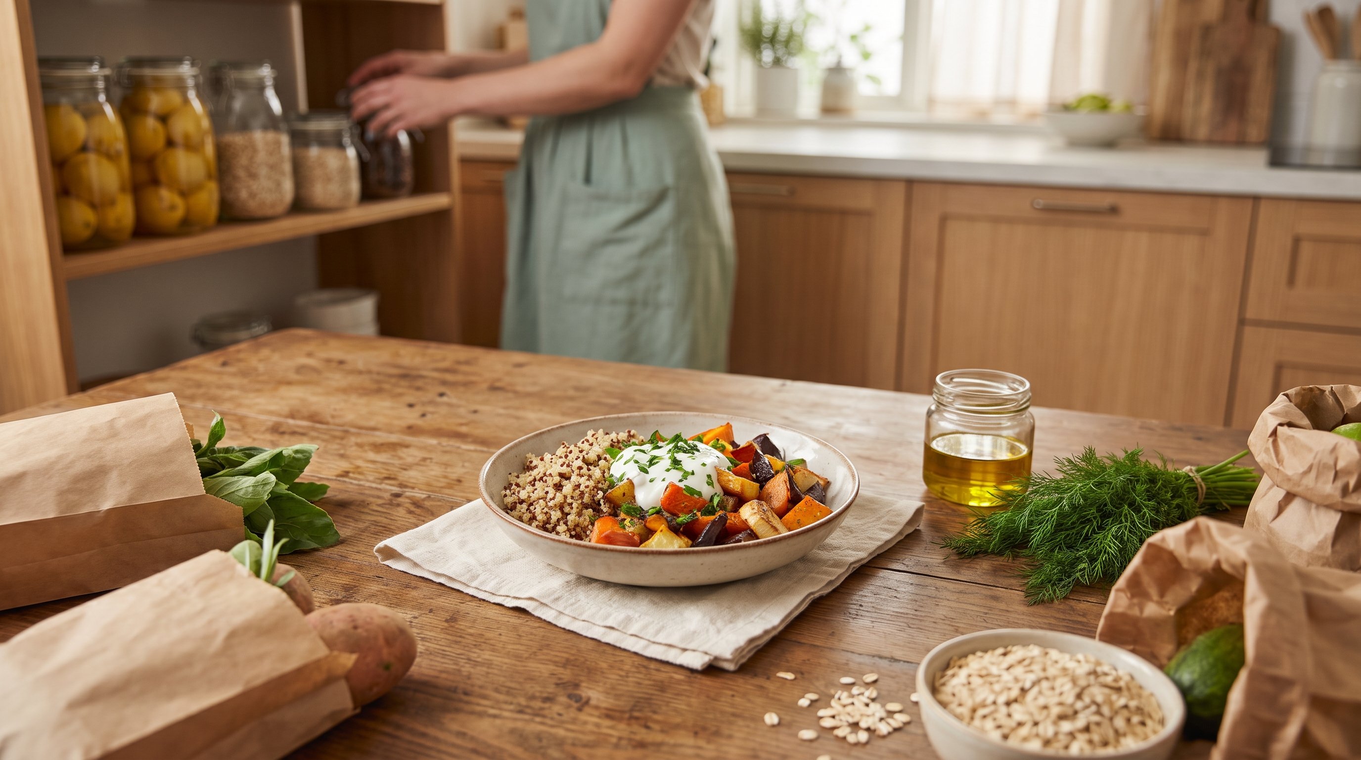home-cooked gut-friendly dinner with fresh vegetables and yogurt dressing