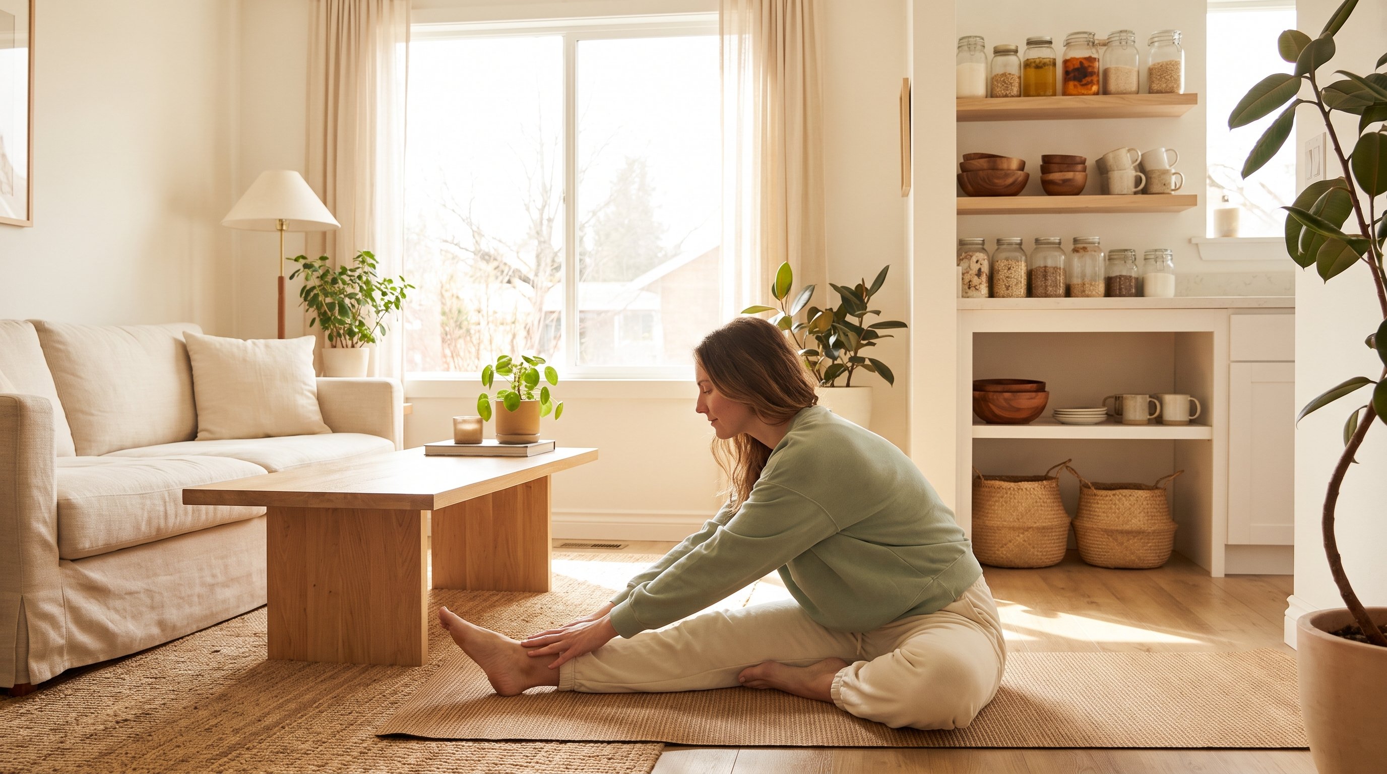 woman stretching on mat