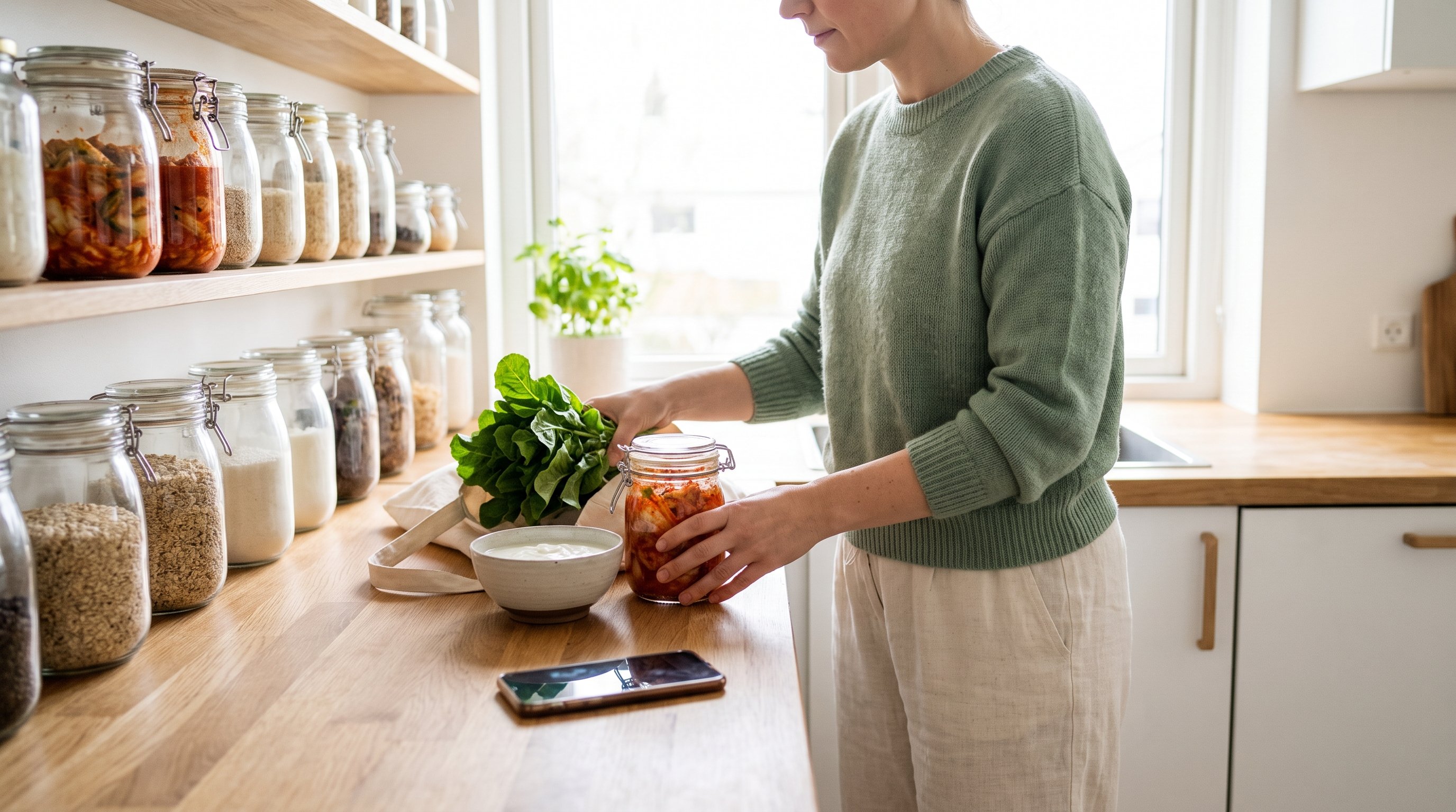 woman unpacking fresh groceries and fermented foods in a bright kitchen