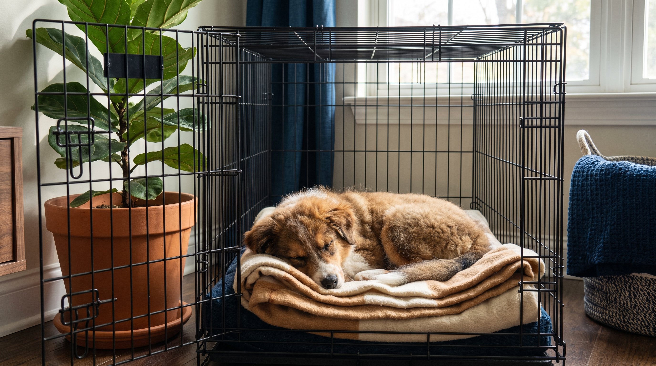 puppy resting calmly inside open crate with blanket