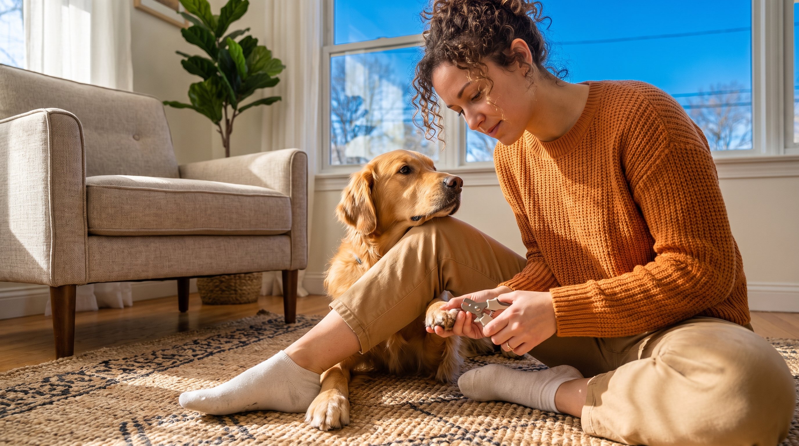 person gently holding a dog paw to trim nails