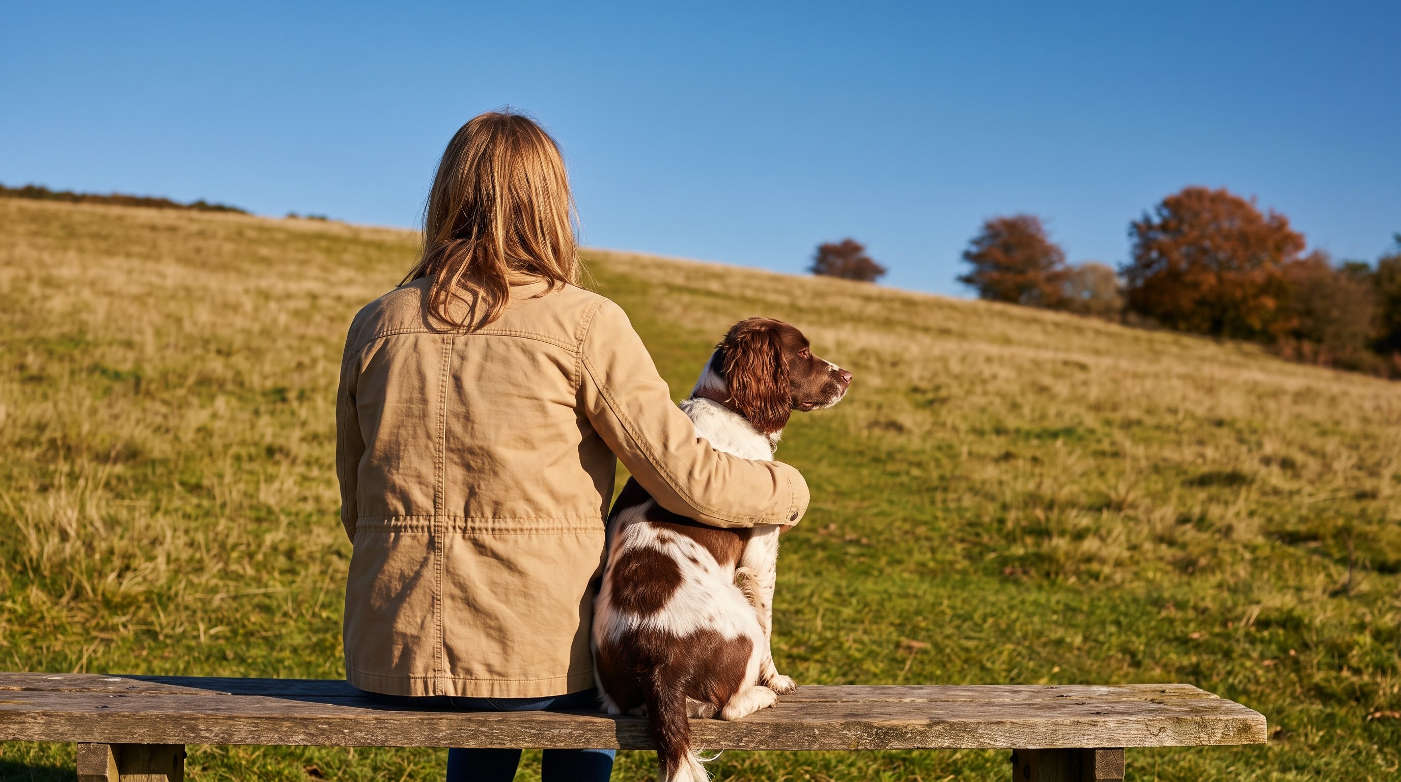 dog sitting calmly beside owner on a park bench