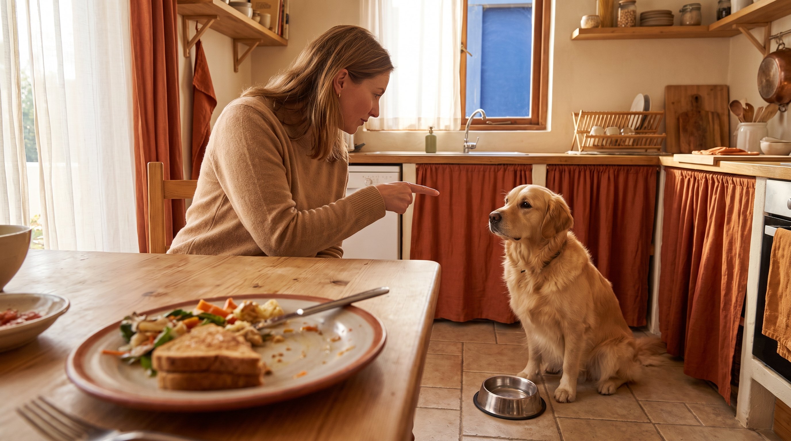 owner practising a short sit command with dog in kitchen