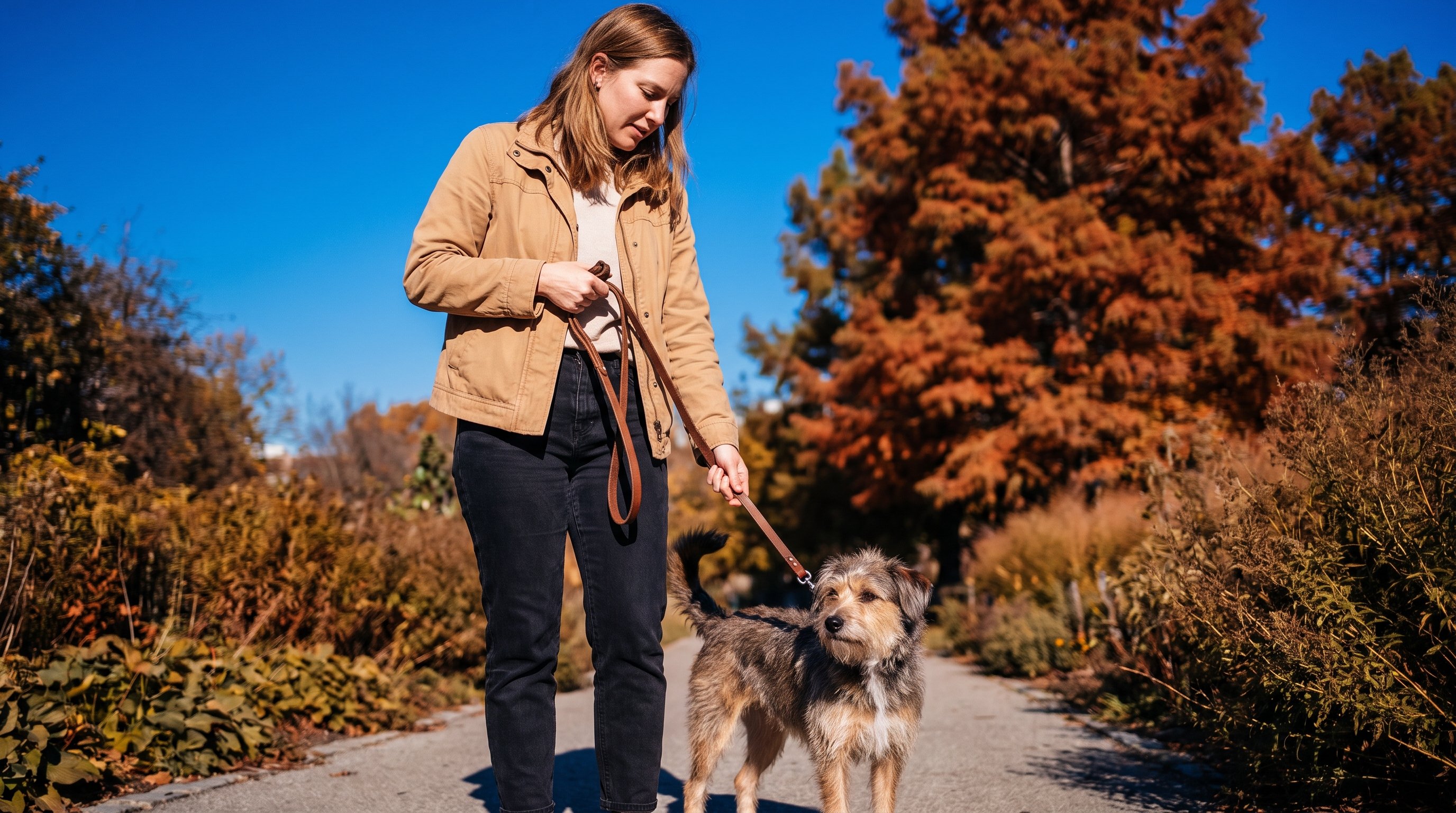 owner correcting leash hold with dog on pavement