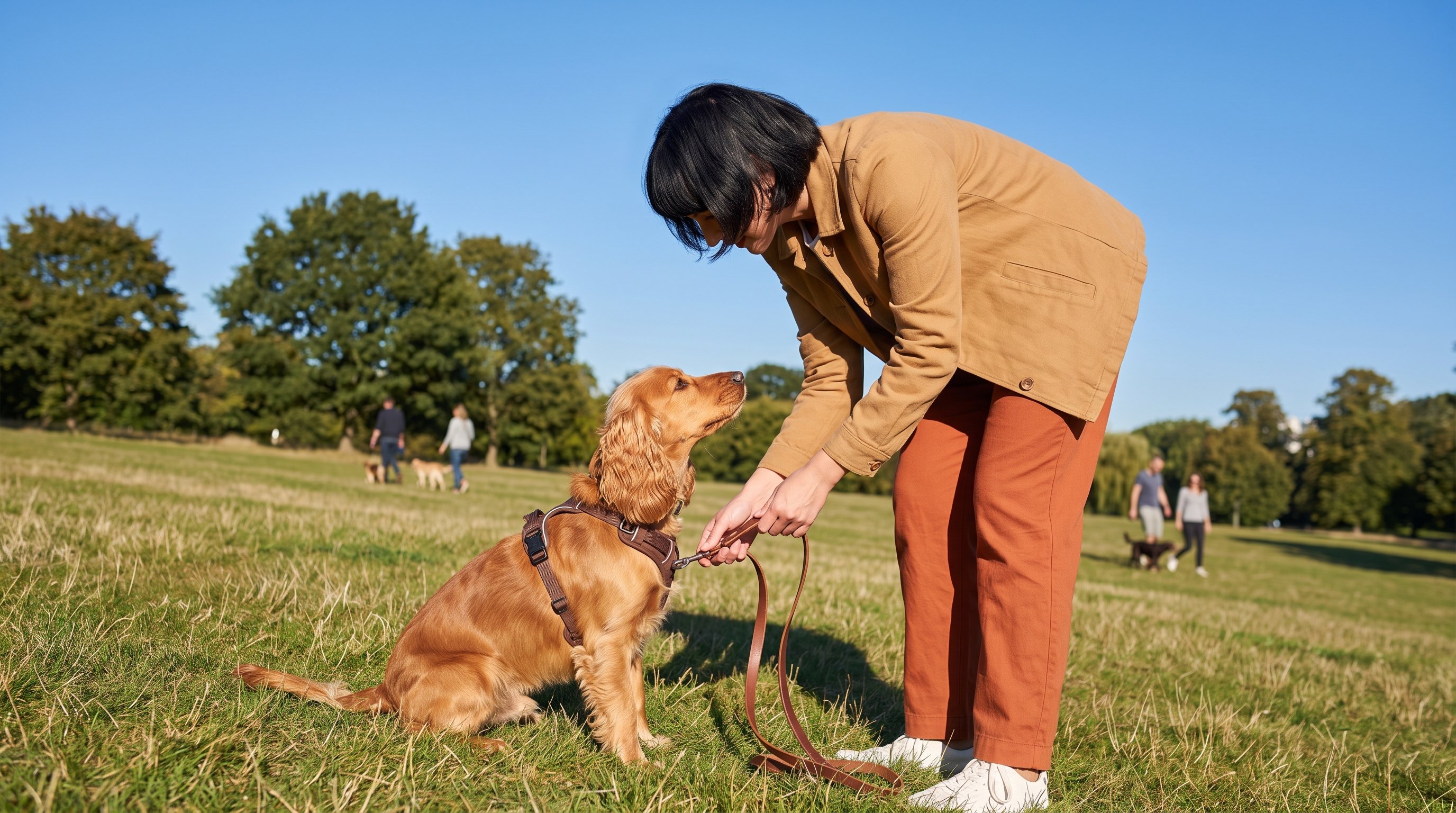 person clipping leash to dog harness in garden