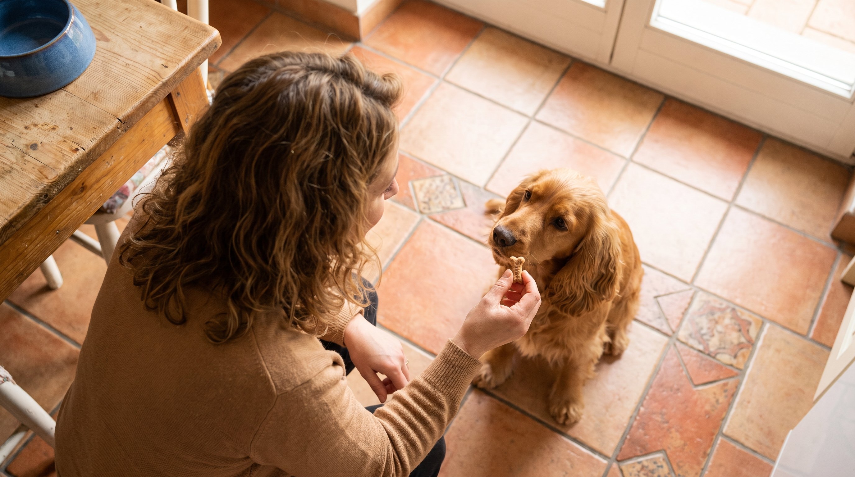 owner kneeling beside dog on kitchen floor with treat
