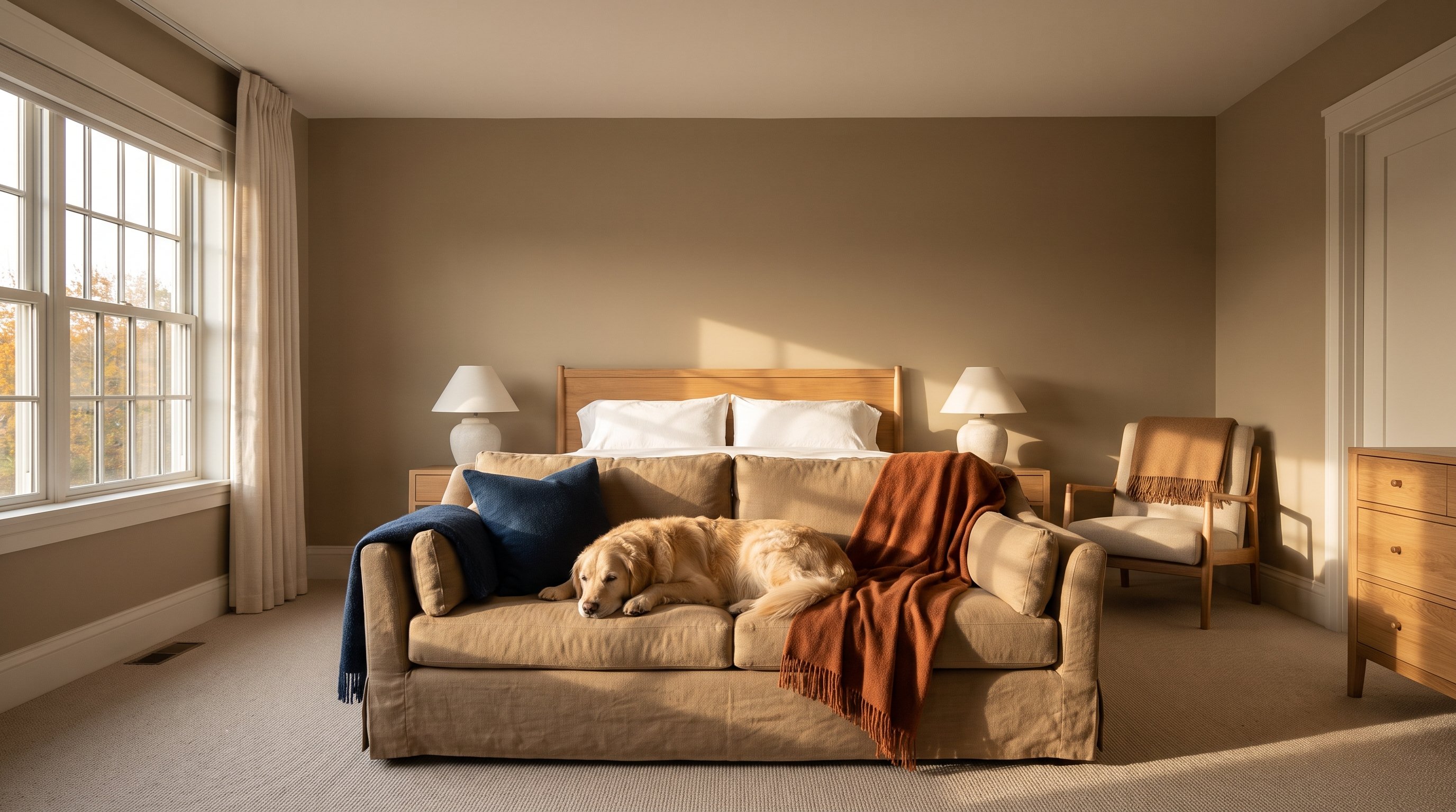 A woman in her 30s relaxing on the sofa with a golden retriever