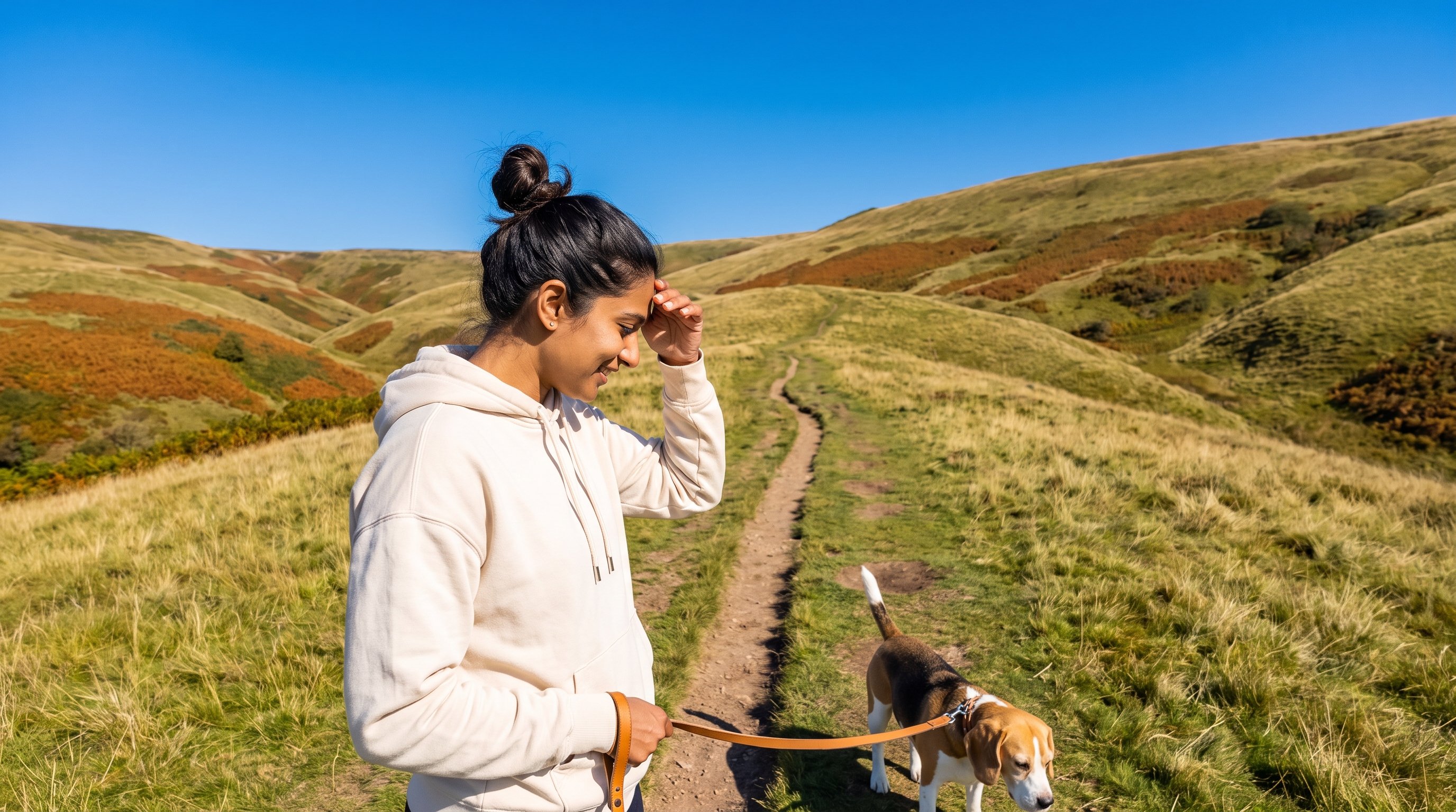 A woman in her 30s walking a beagle on a leash on a tree-lined path