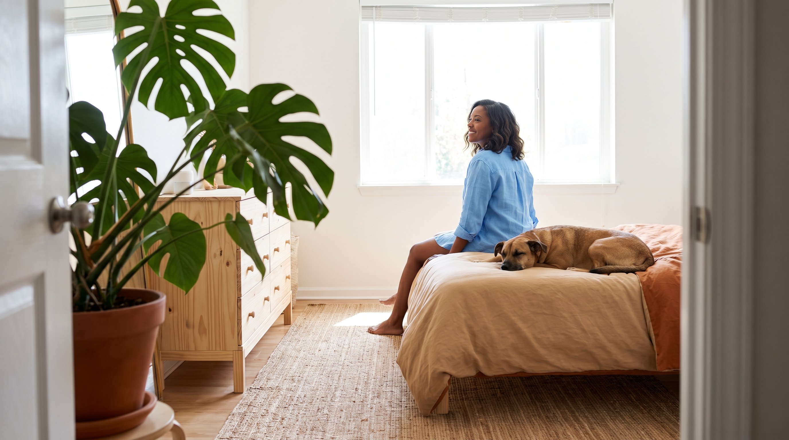 A woman in her 30s relaxing in a sunlit living room