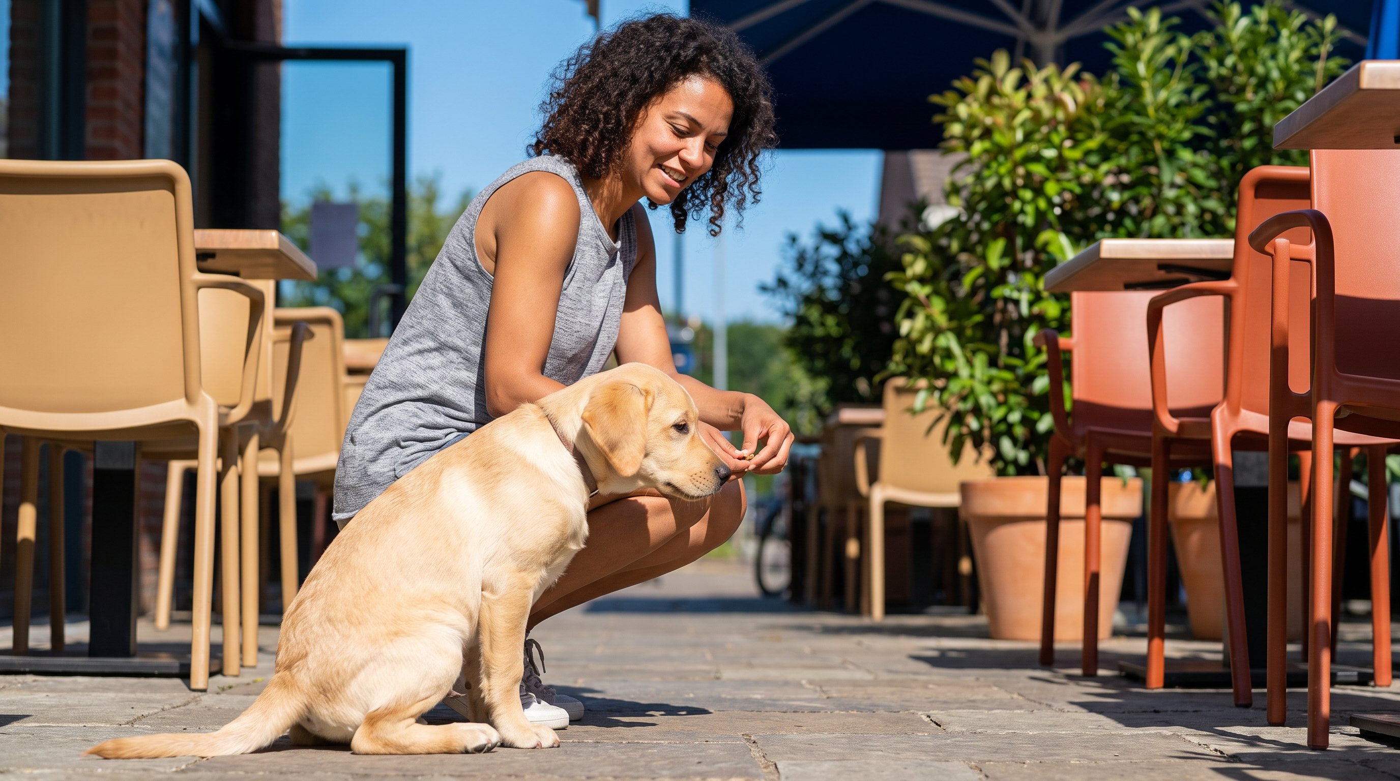 A woman in her 30s training a young labrador to sit in a park