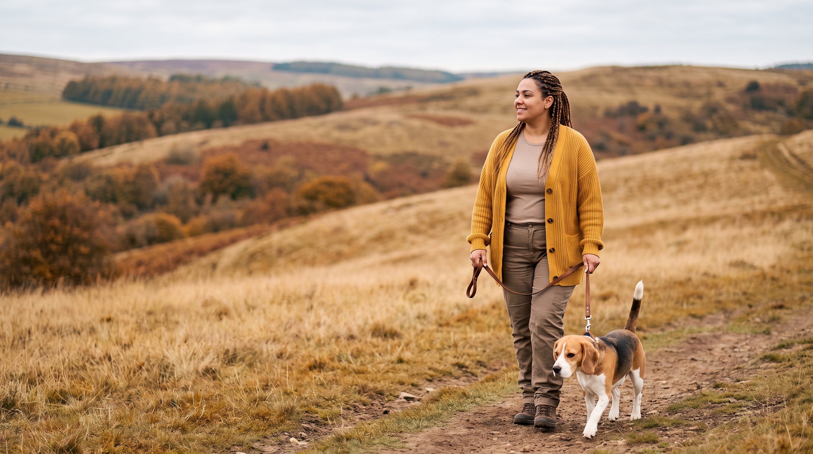 A woman in her 30s walking a beagle on a leash on a tree-lined path