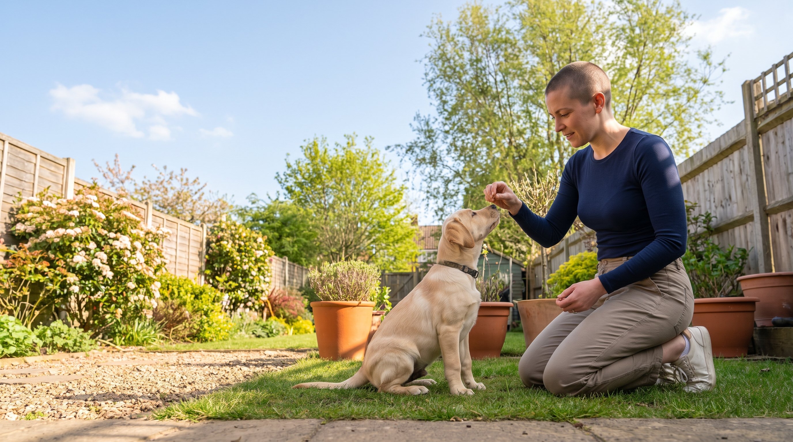 A woman in her 30s training a young labrador to sit in a park
