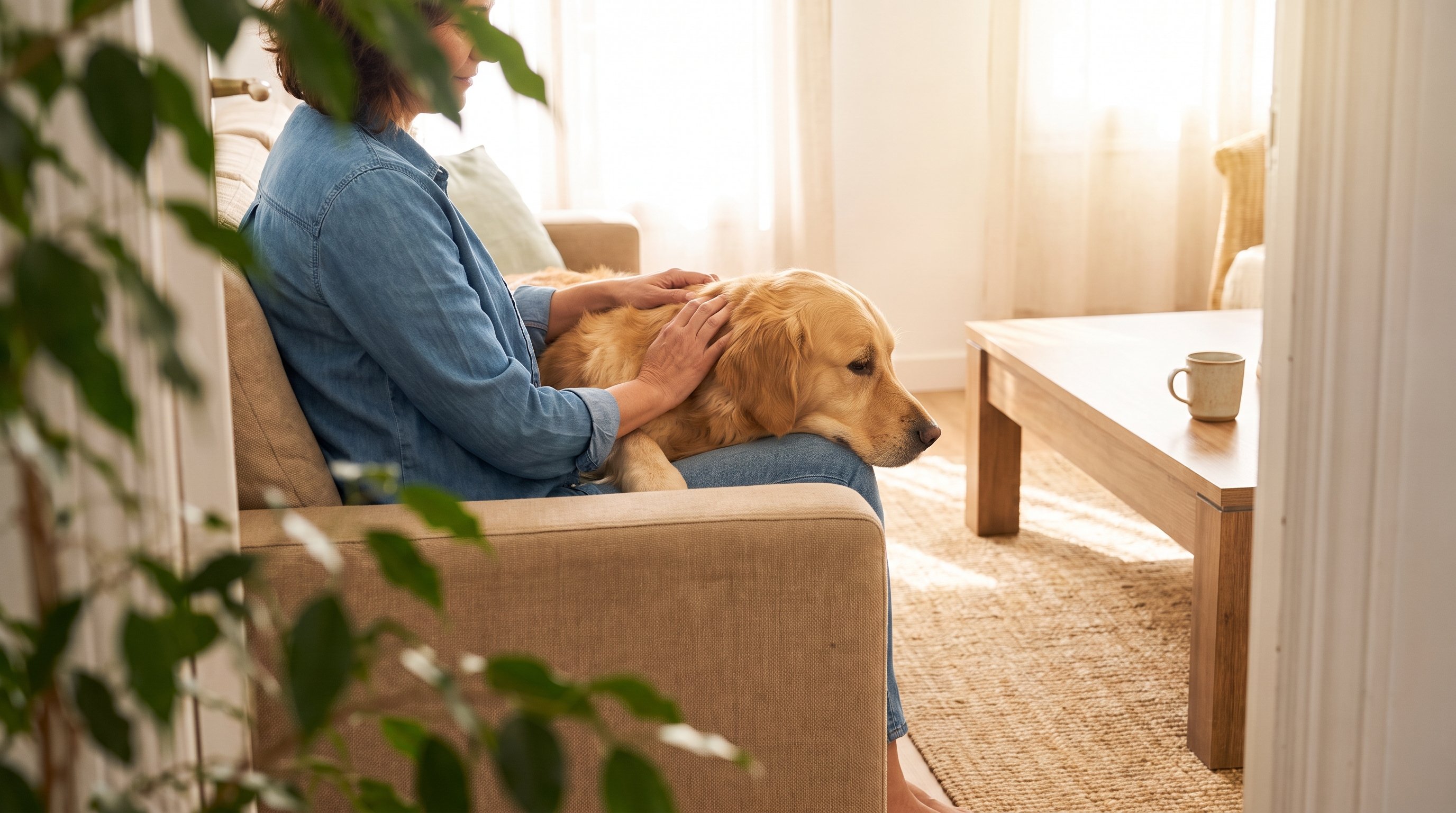 A woman in her 30s relaxing on the sofa with a golden retriever