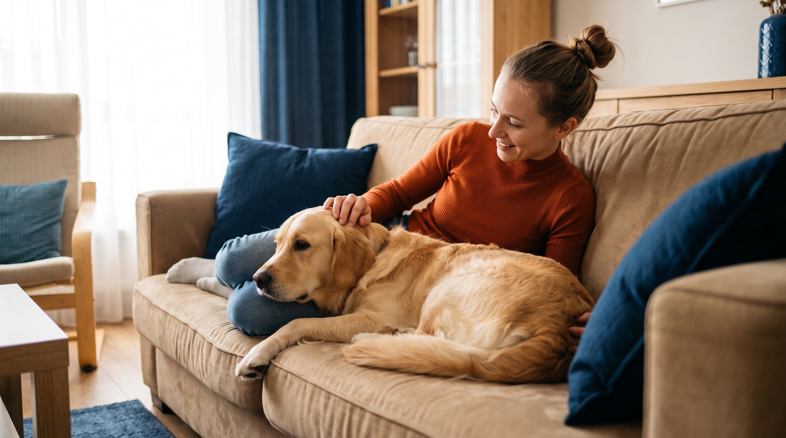 A woman in her 30s relaxing on the sofa with a golden retriever