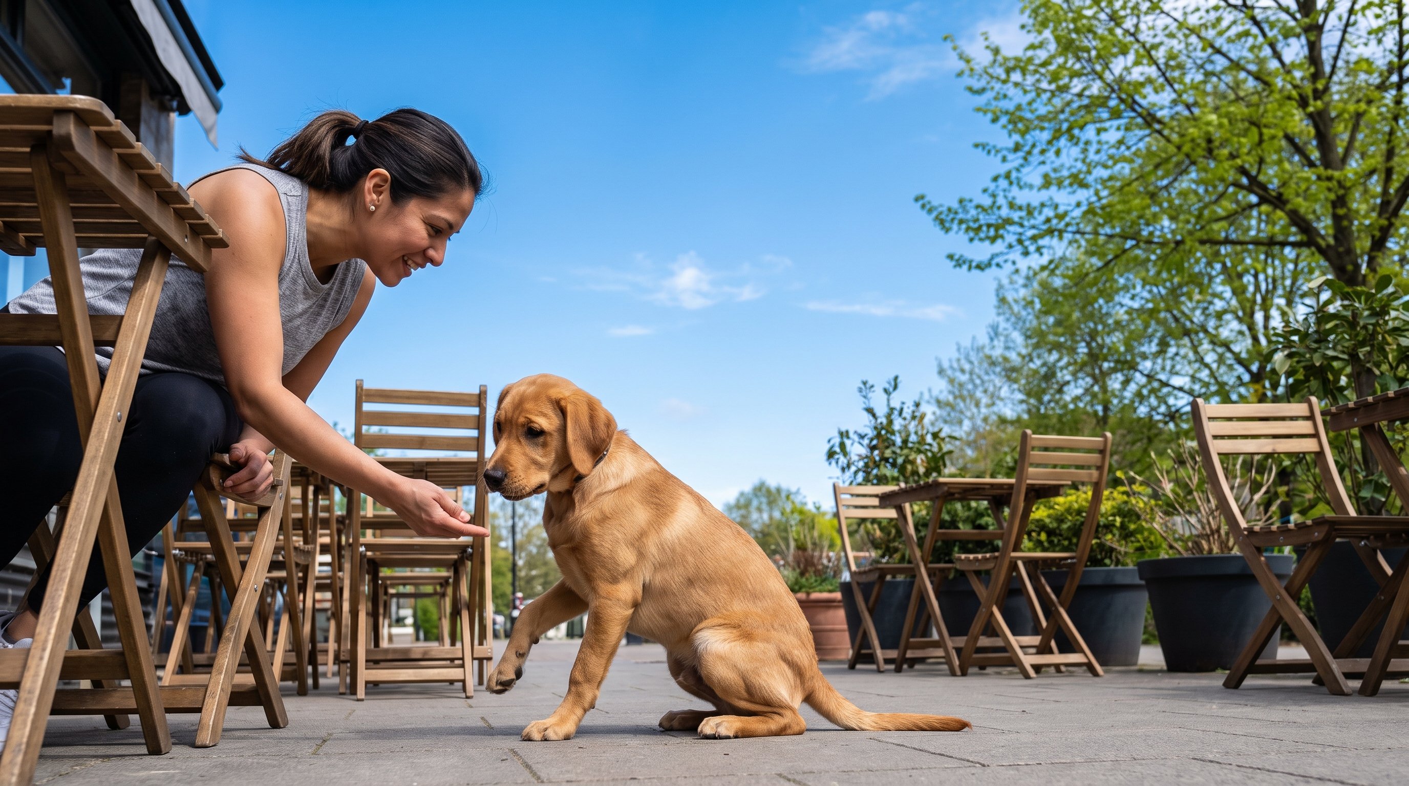 A woman in her 30s training a young labrador to sit in a park