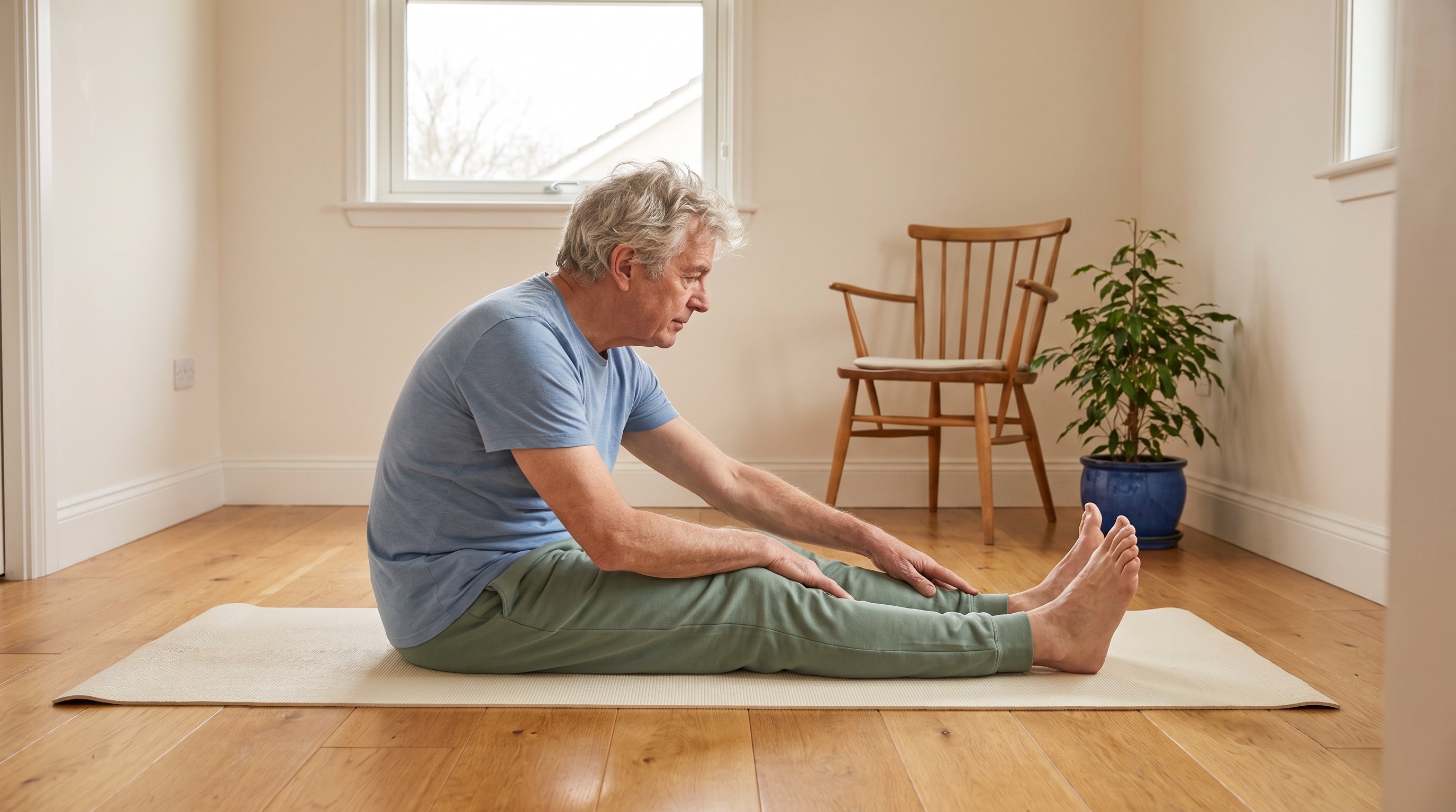 older adult holding a seated hamstring stretch on a mat