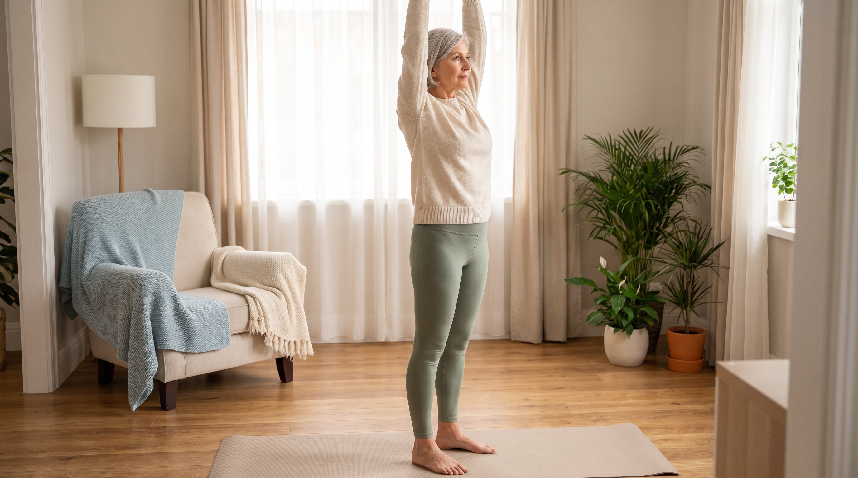 older adult stretching arms overhead in living room