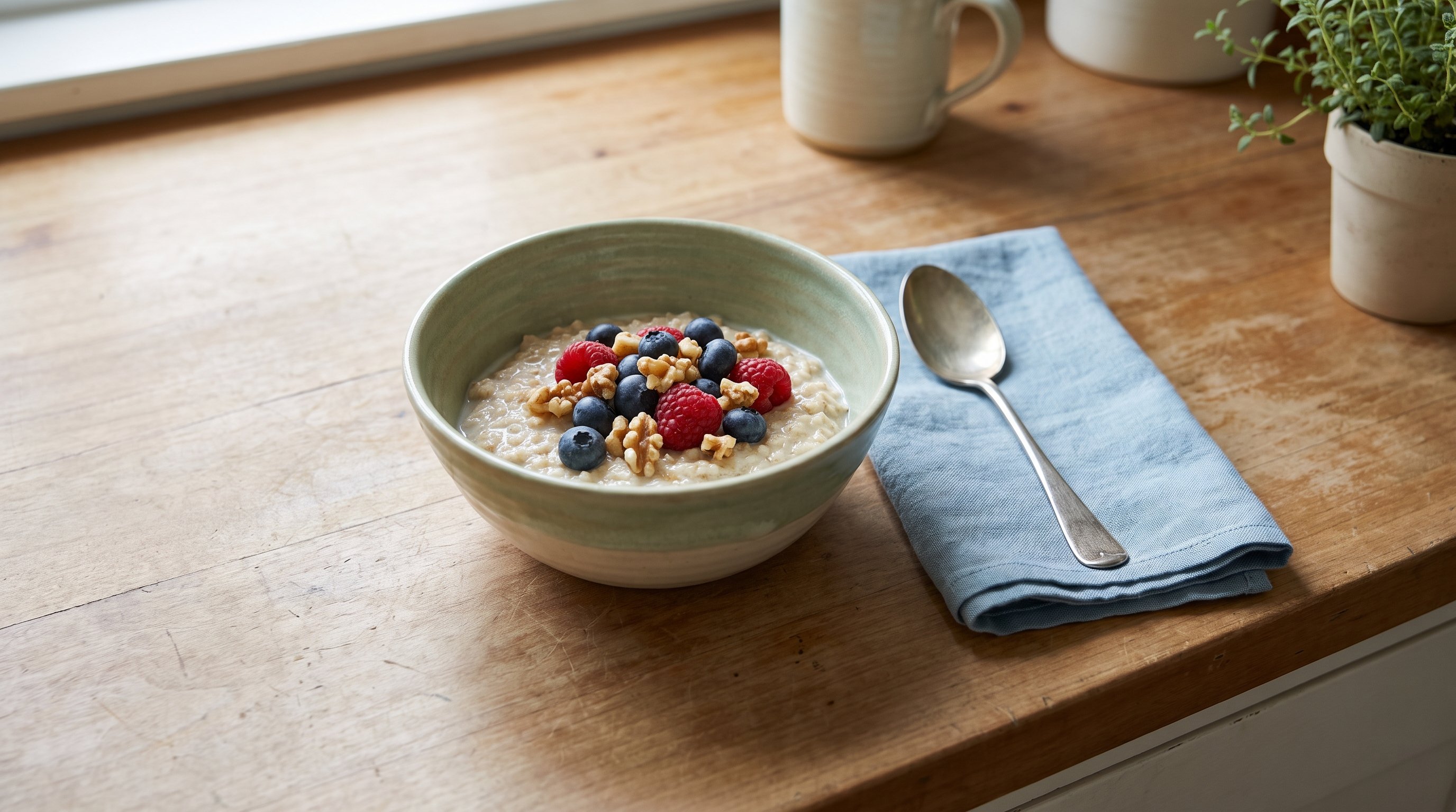 bowl of oats topped with berries and nuts on a kitchen counter