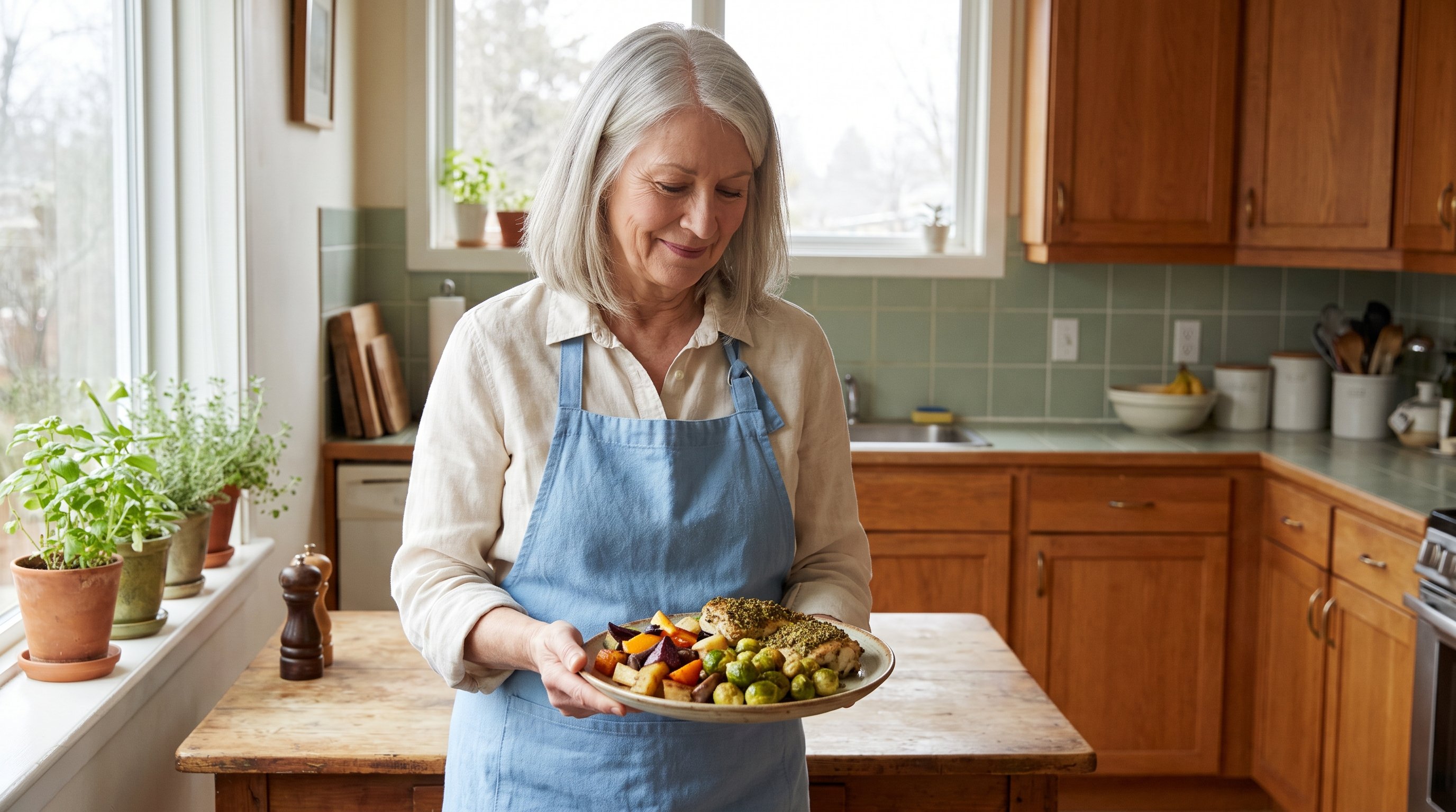 older adult preparing a colourful plate of food in a kitchen