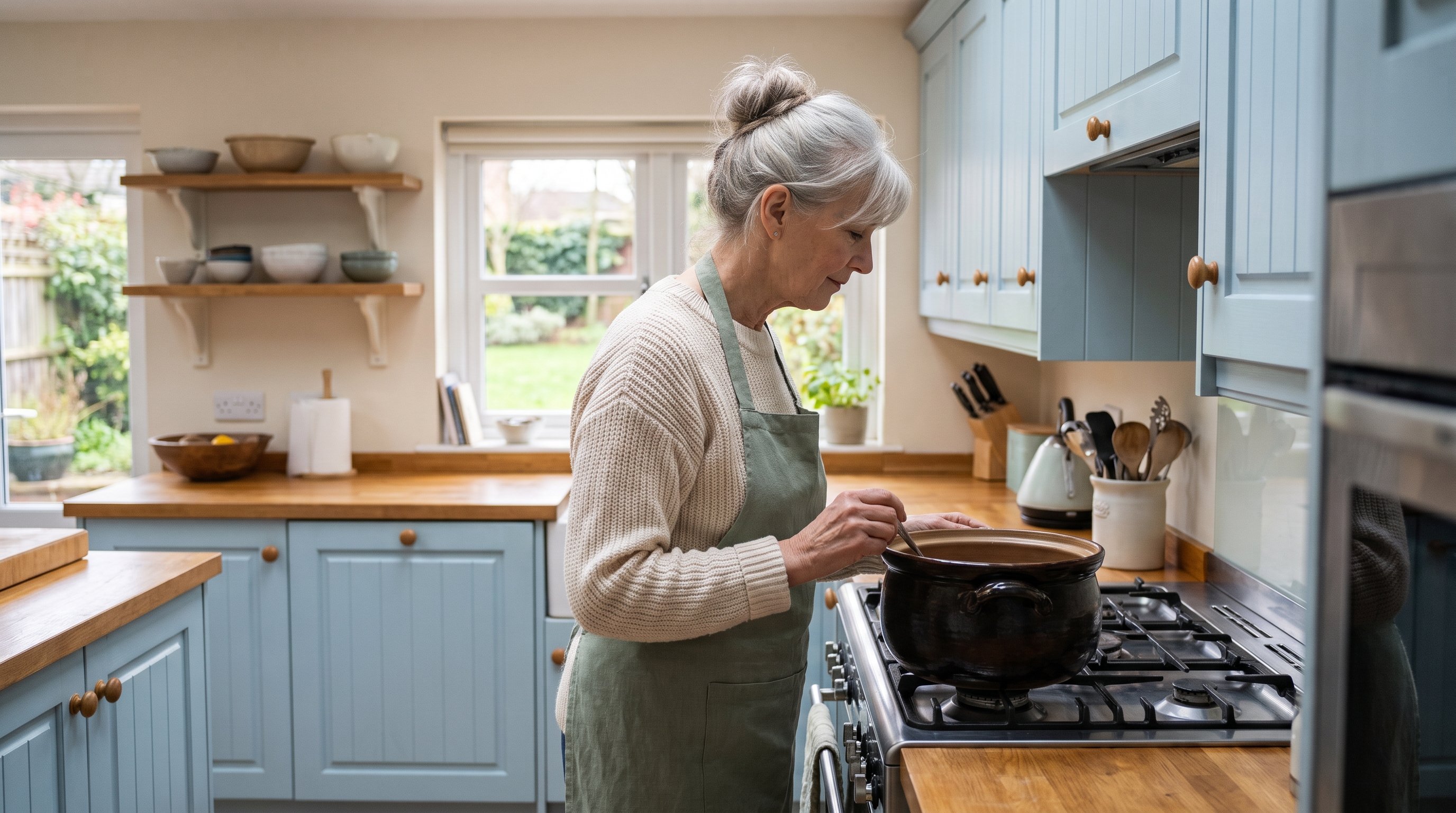 Older woman stirring a pot of lentil soup on a stovetop