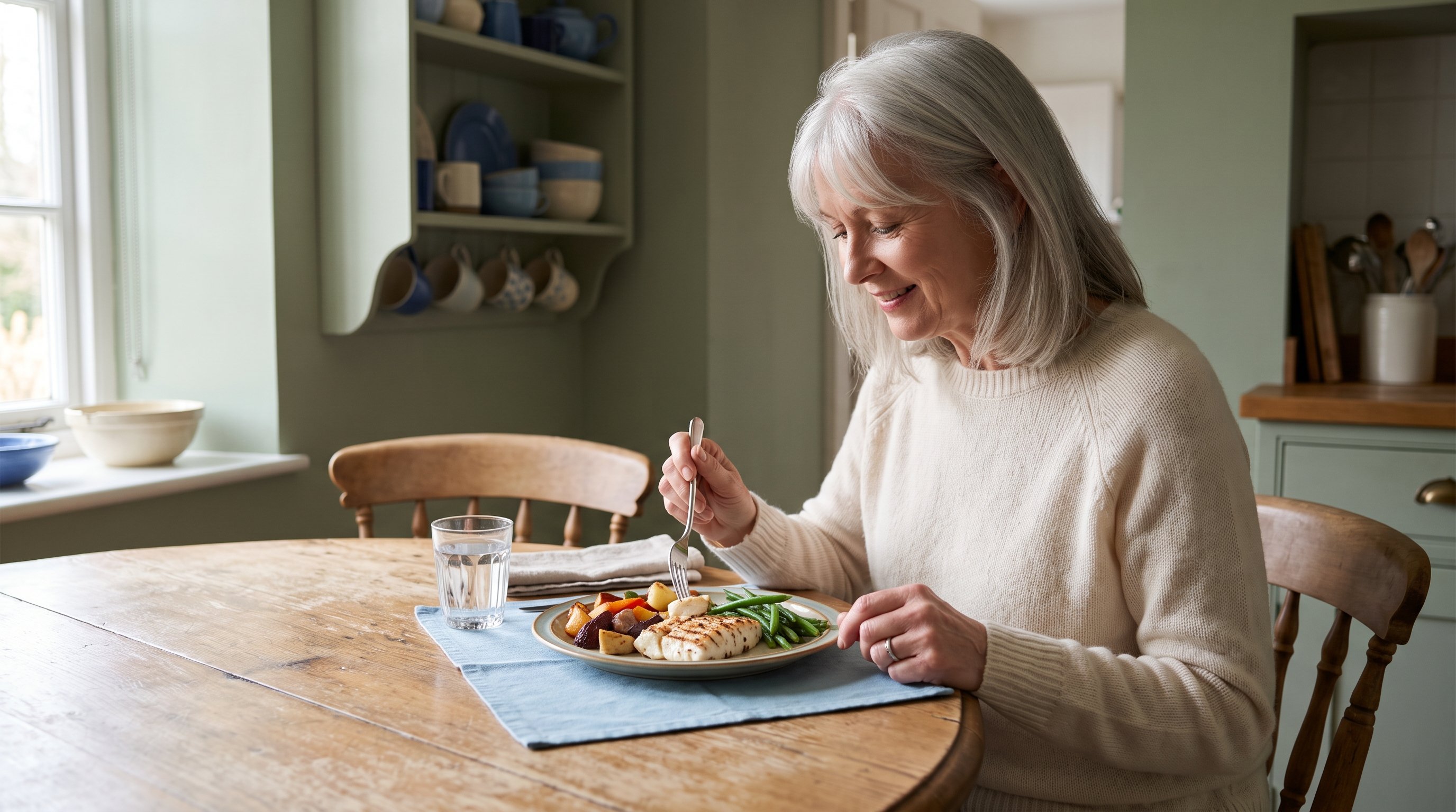 A woman in her 60s with silver hair eating a balanced plate of fish and vegetables at a calm dining table