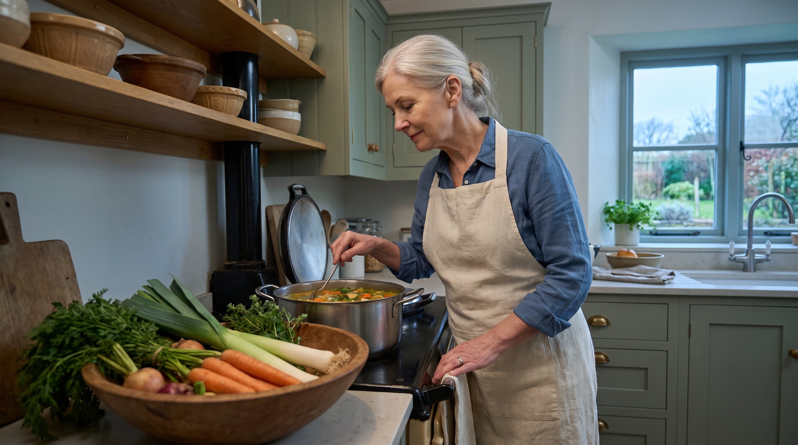 A woman in her 60s with silver hair preparing a fresh vegetable soup in a cozy home kitchen