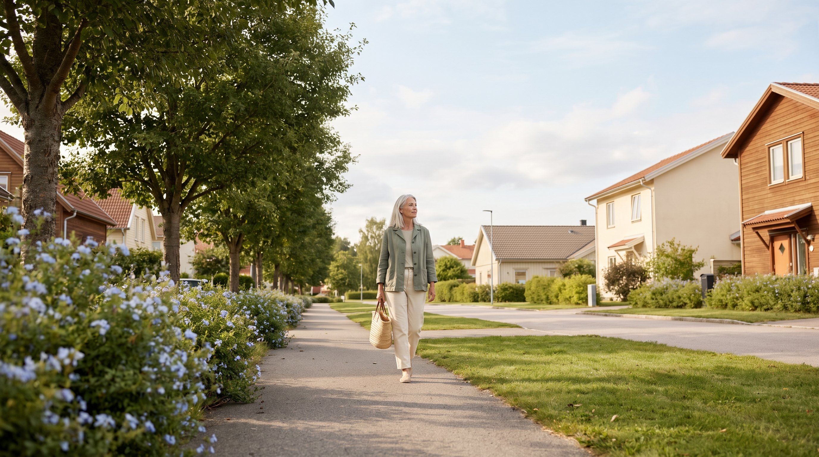 A woman in her 60s with silver hair walking outdoors on a sunny neighbourhood path