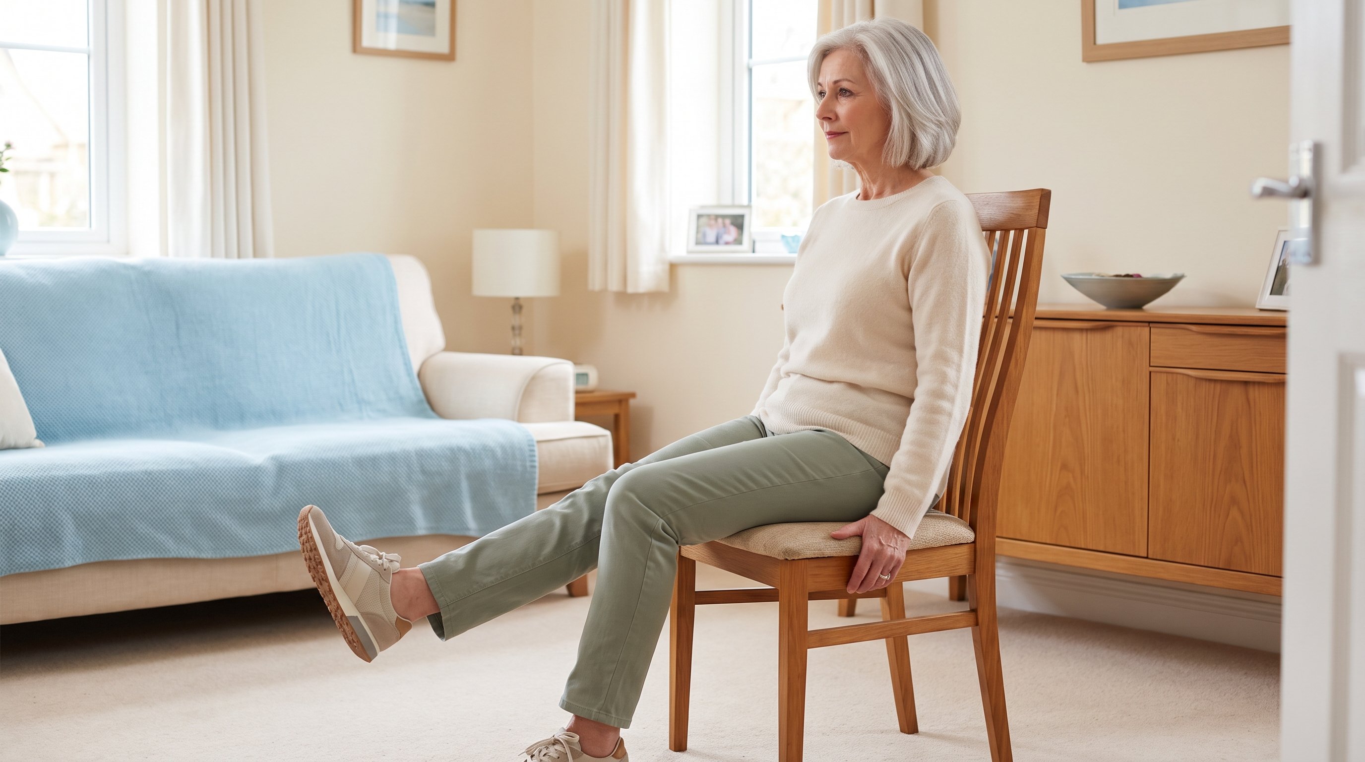 Older adult doing a seated chair exercise routine in a living room