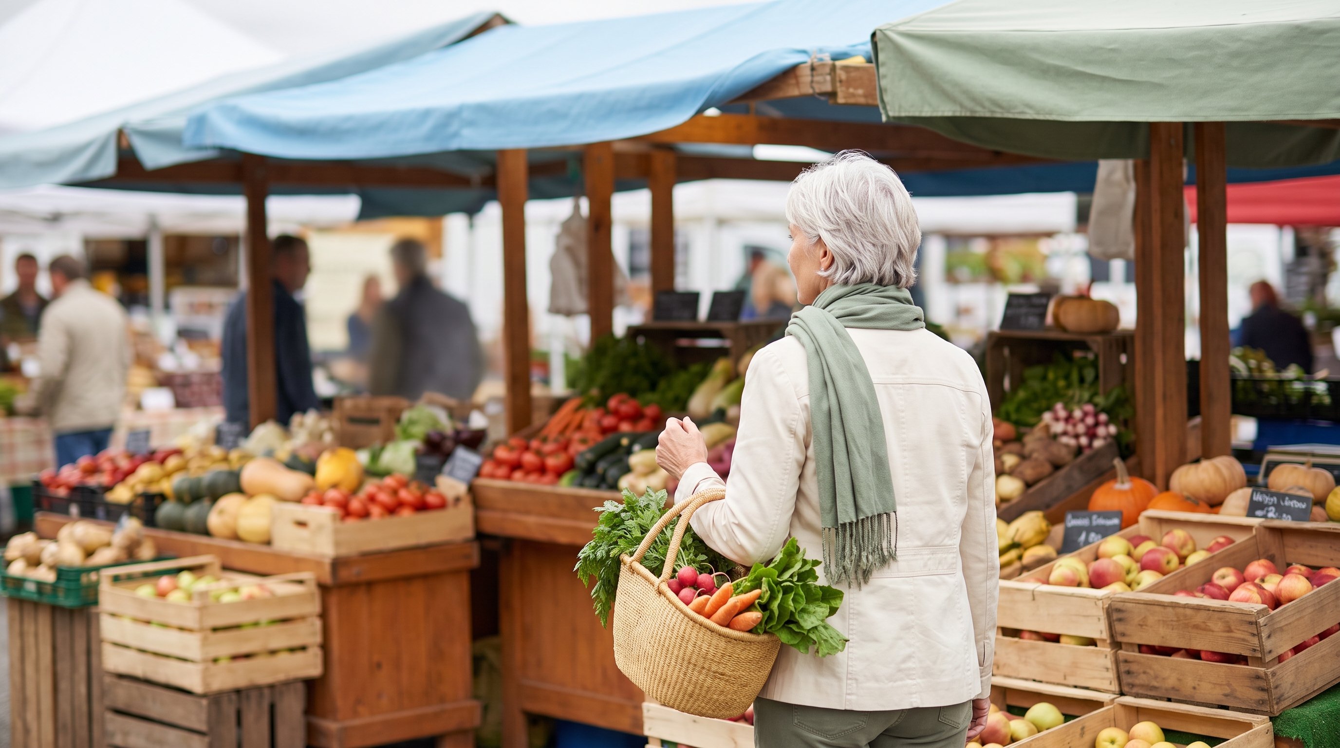 Older couple shopping for fresh produce together at a local market