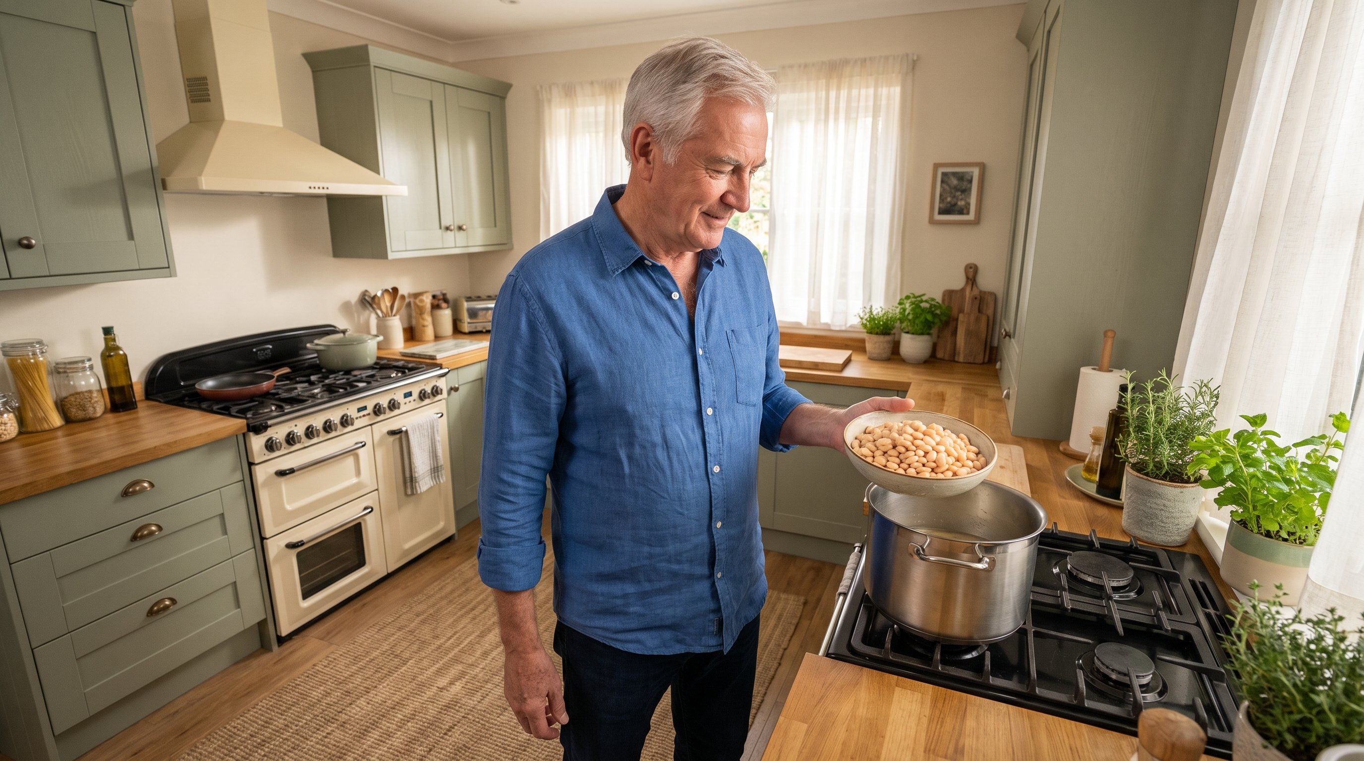 older man scooping white beans from a pot into a bowl
