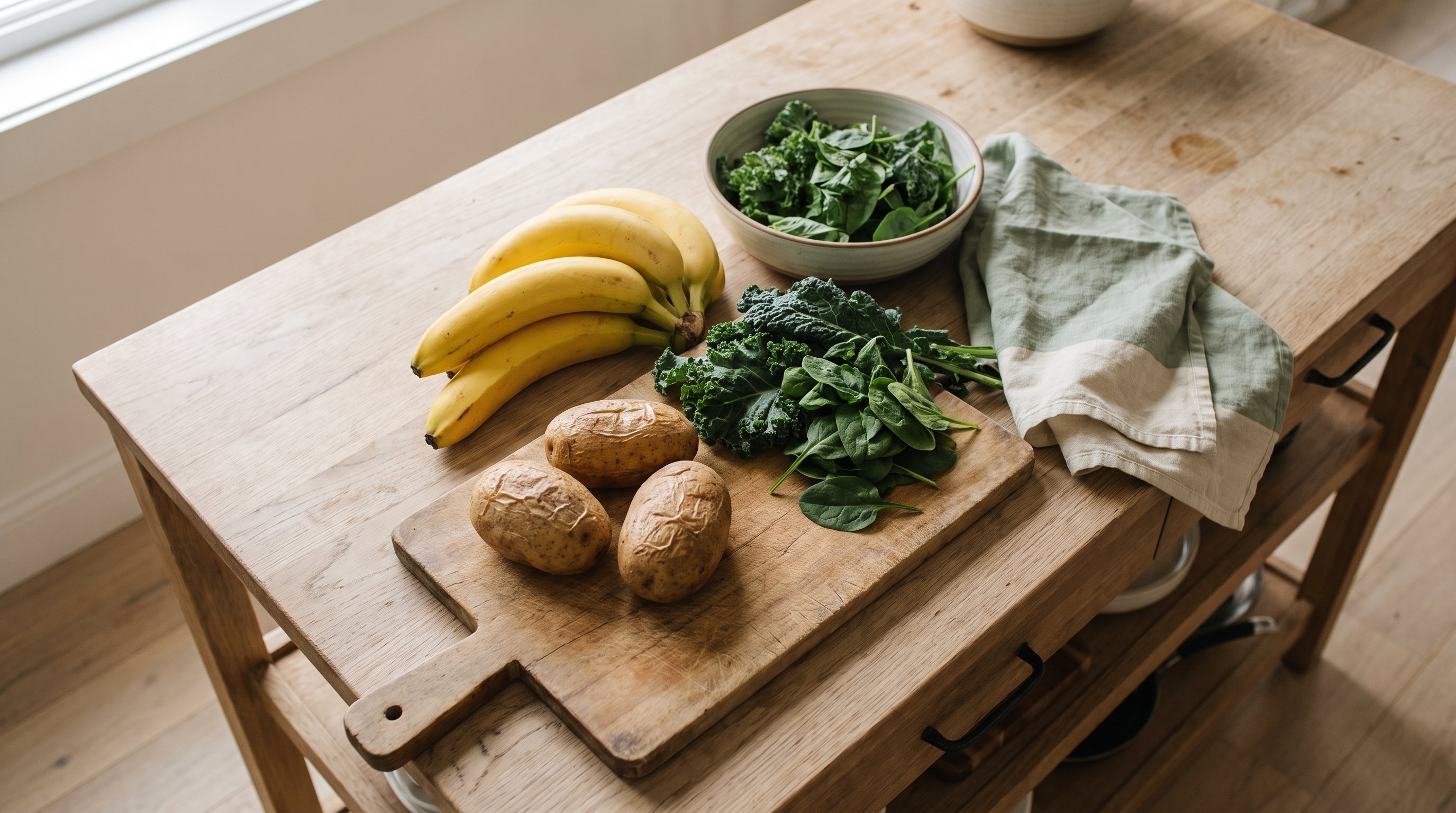 assorted bananas, potatoes and leafy greens on a kitchen counter