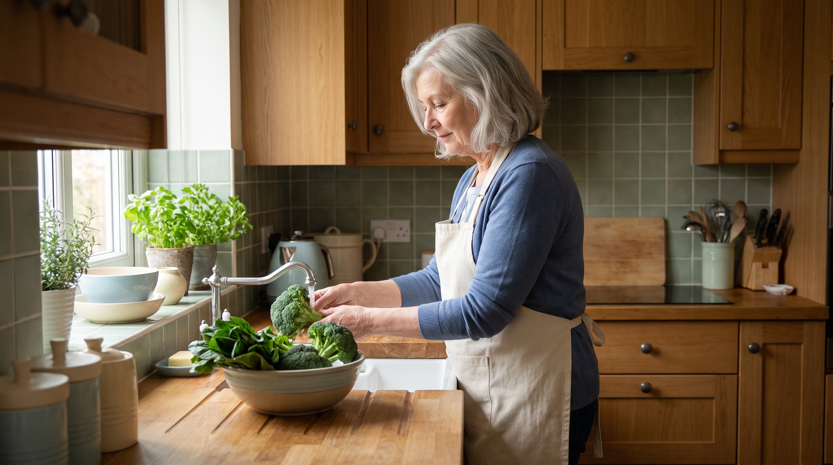 older woman chopping broccoli on a kitchen counter
