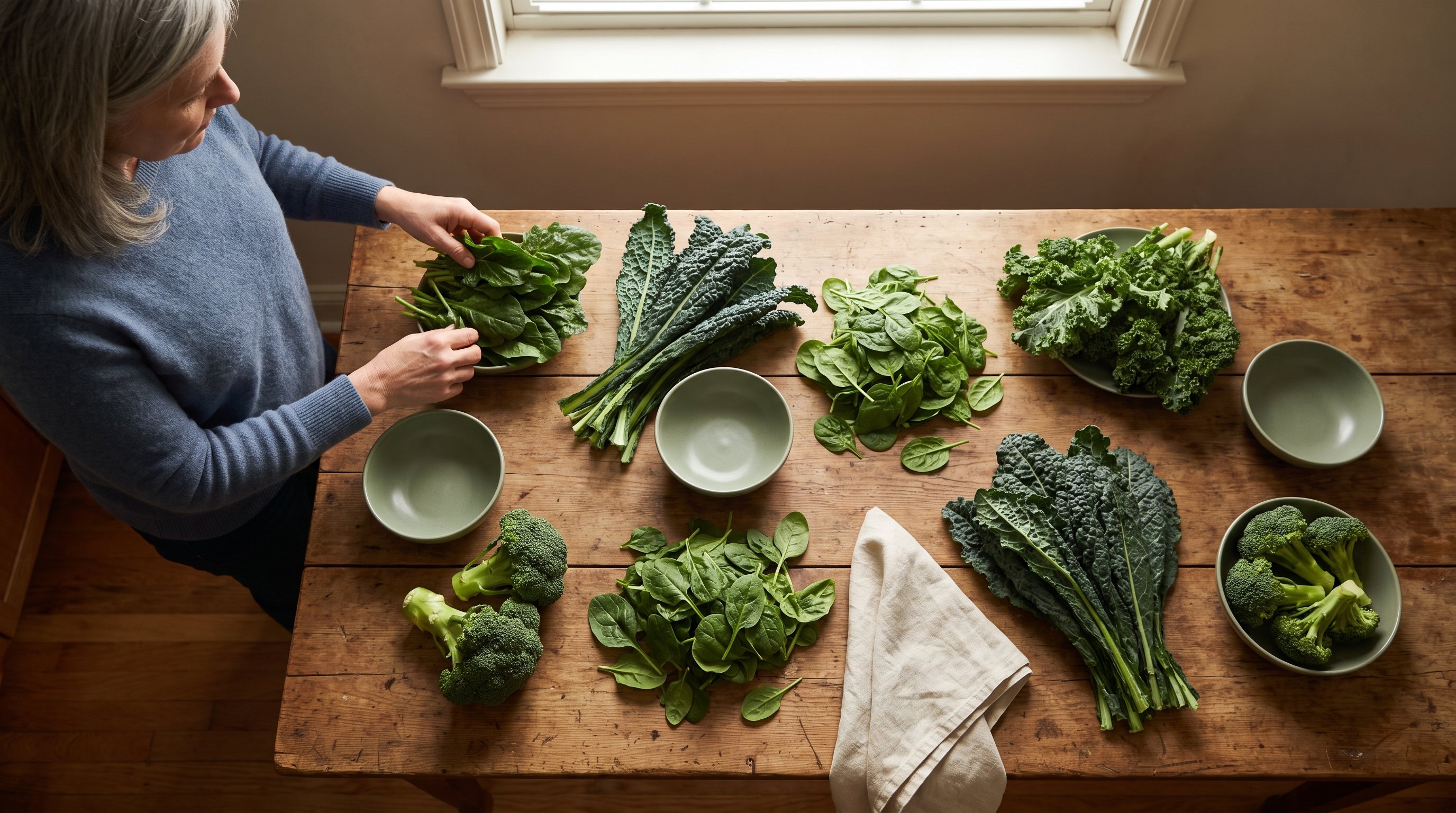 assorted leafy greens and broccoli on a wooden table