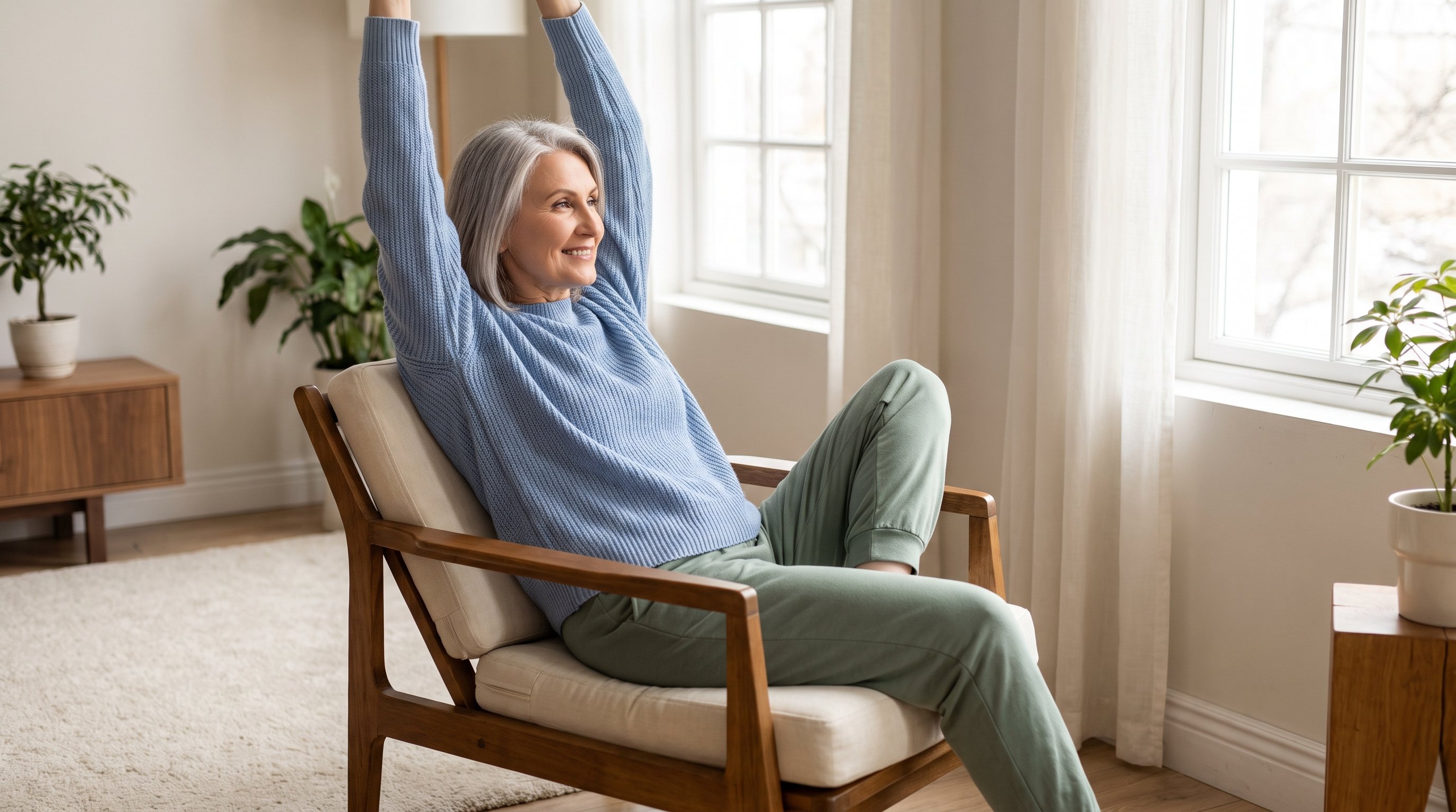 Older adult doing seated arm raises in a sunny living room